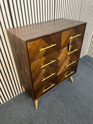 Mid-century style chest featuring herringbone parquet patterns and gold handles (H 106 x W 84 x D 43 cm) 44577