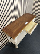 Rectangular console table with wood top and white turned legs. 44521