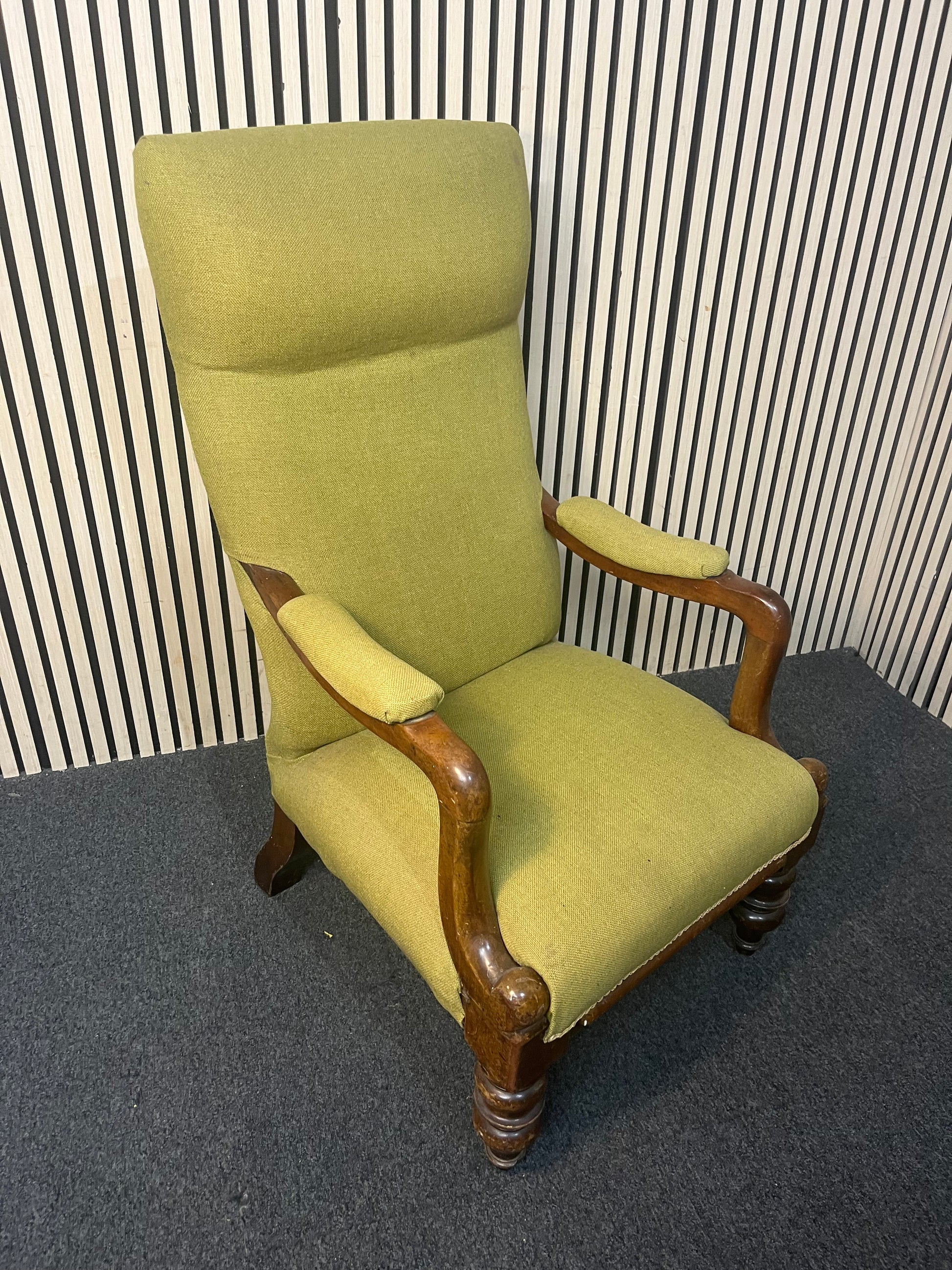 Mid-century style armchair with olive fabric and dark wood frame. 44023
