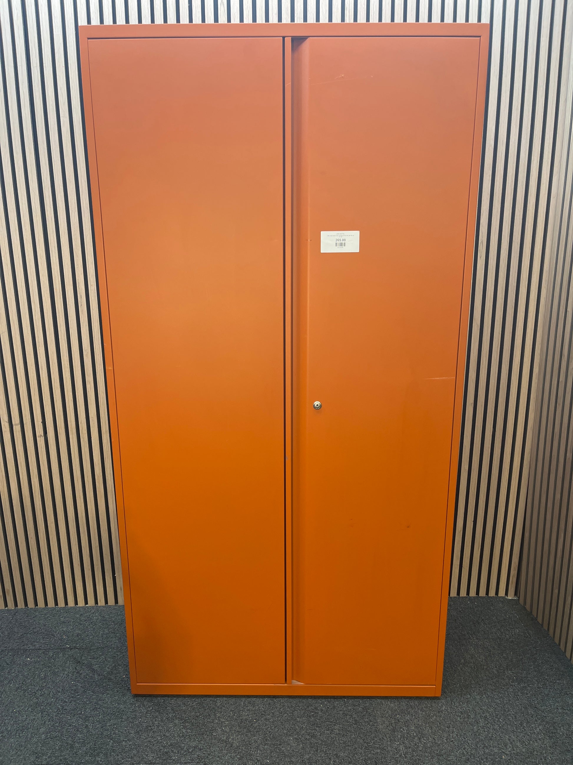 Tall orange metal 2 door storage unit (H 195 x W 100 x D 47 cm)