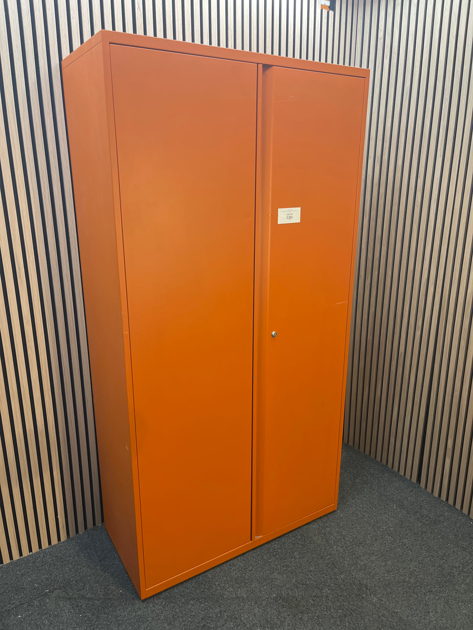 Tall orange metal 2 door storage unit (H 195 x W 100 x D 47 cm)