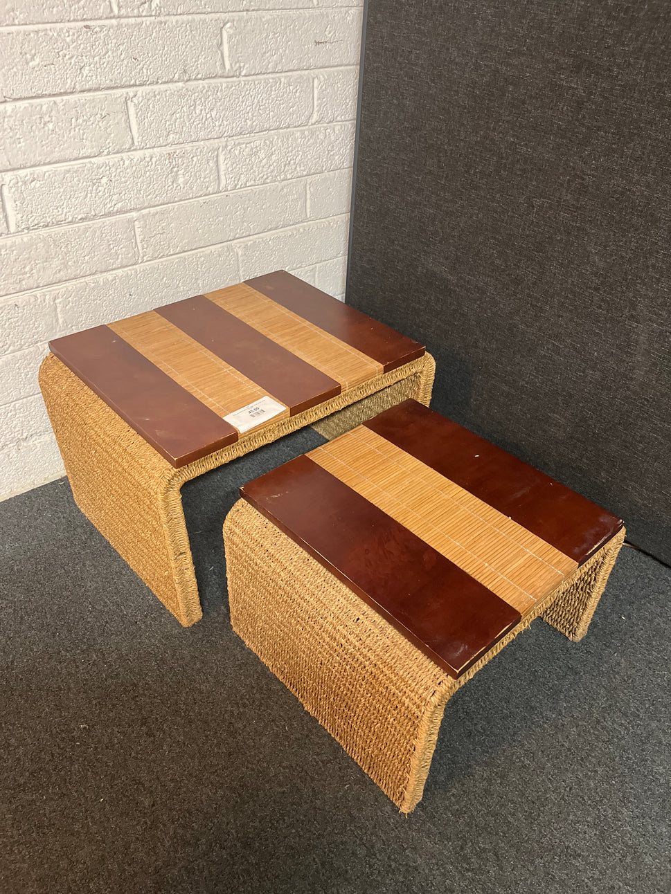 Cane and walnut nest of two tables (H 42 x W 66 x D 48 cm) 3225