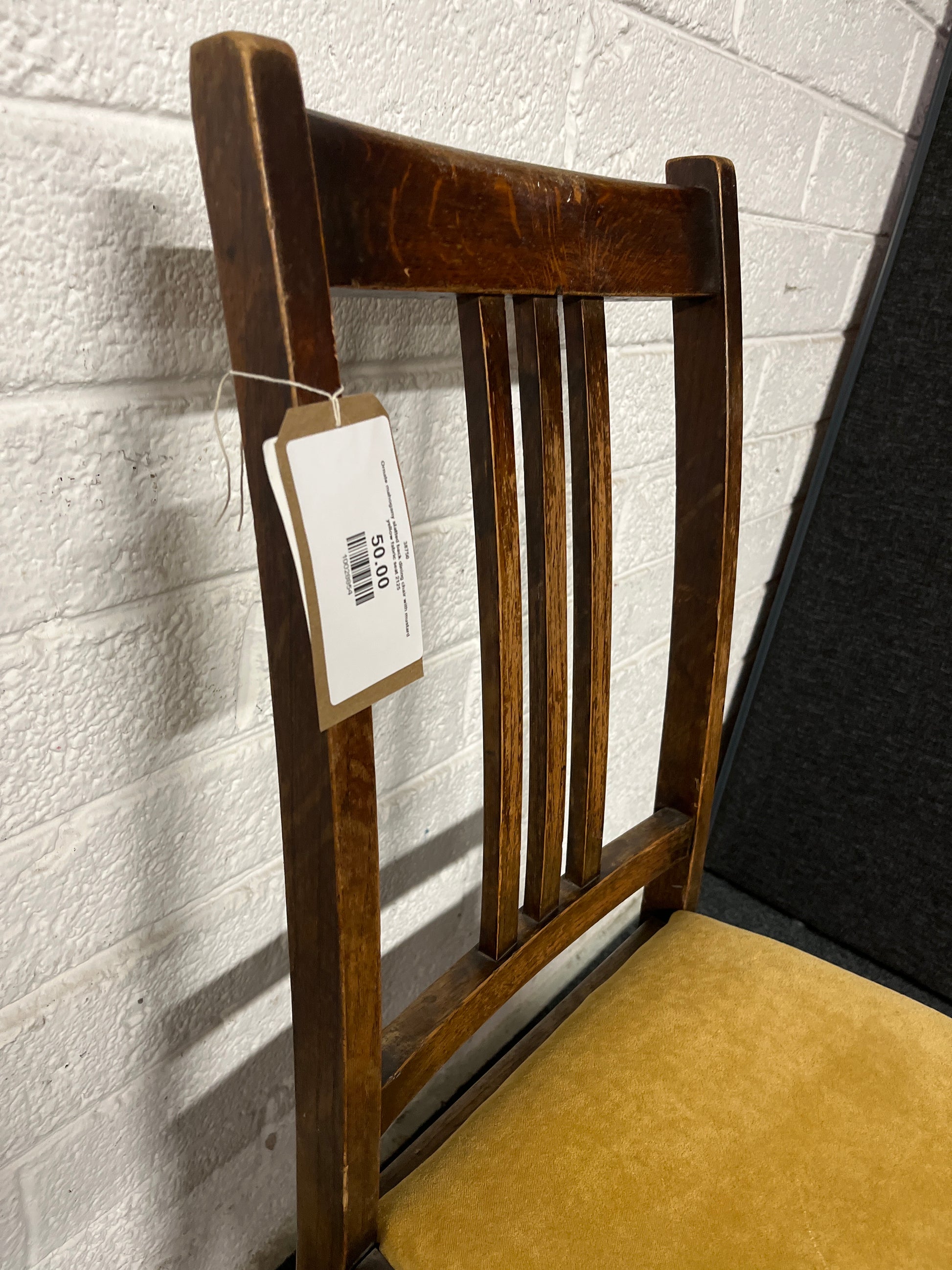 Ornate mahogany slatted back dining chair with mustard yellow fabric seat 2125