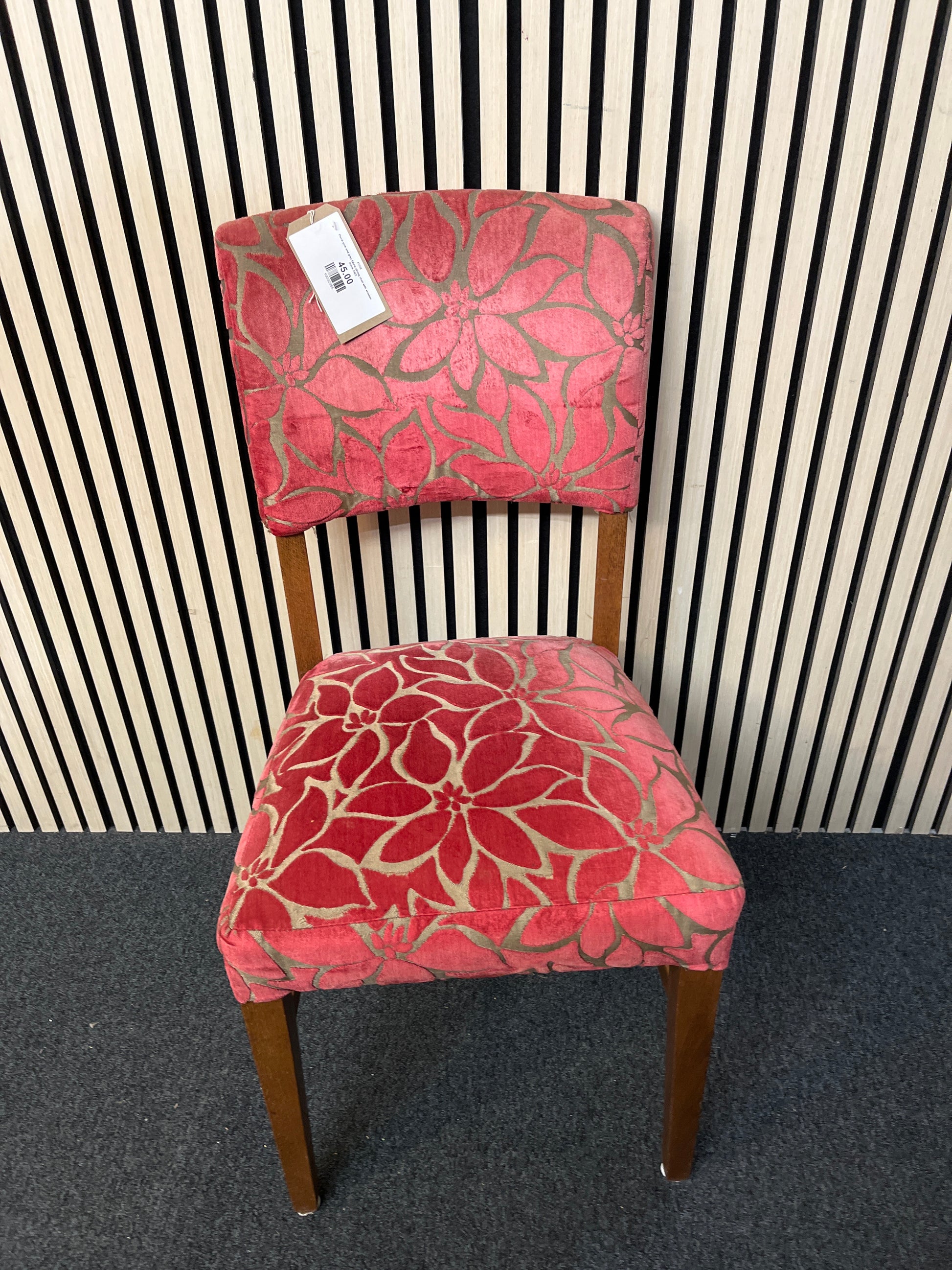 Floral pink and grey fabric dining chair with wooden frame 2425