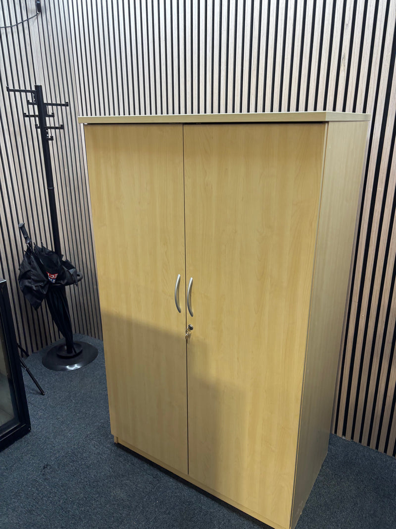 Tall maple 2 door storage unit with internal wooden shelves and key 95Wx160Hx60D. Price inc VAT