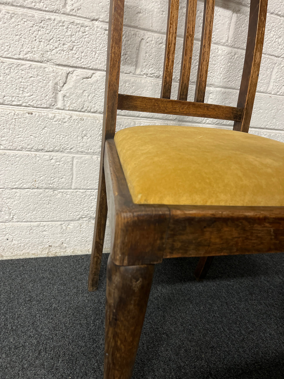 Ornate mahogany slatted back dining chair with mustard yellow fabric seat 2125