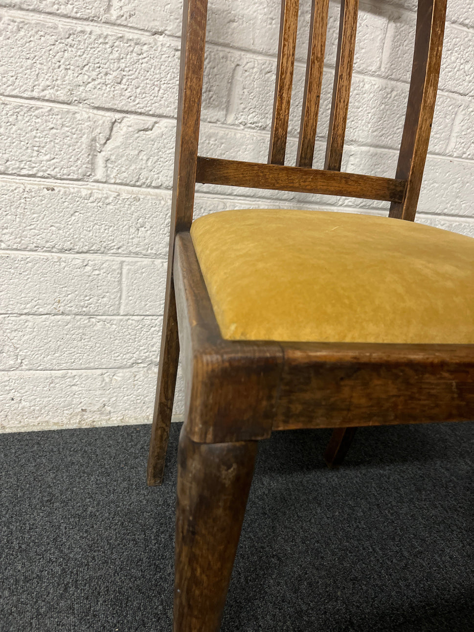 Ornate mahogany slatted back dining chair with mustard yellow fabric seat 2125