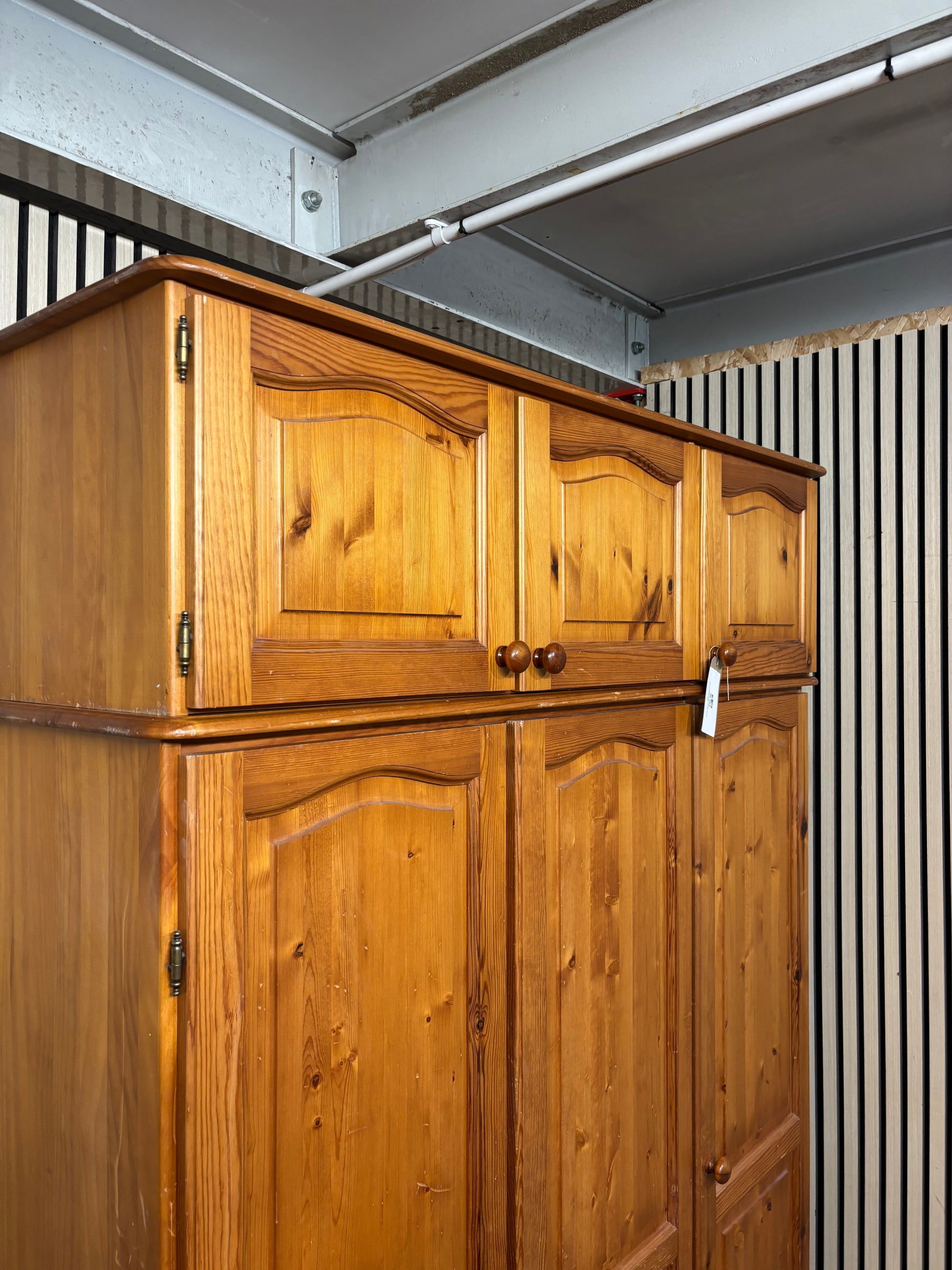 Tall natural pine 3 door wardrobe with overhead storage (H 210 x W 140 x D 56 43694