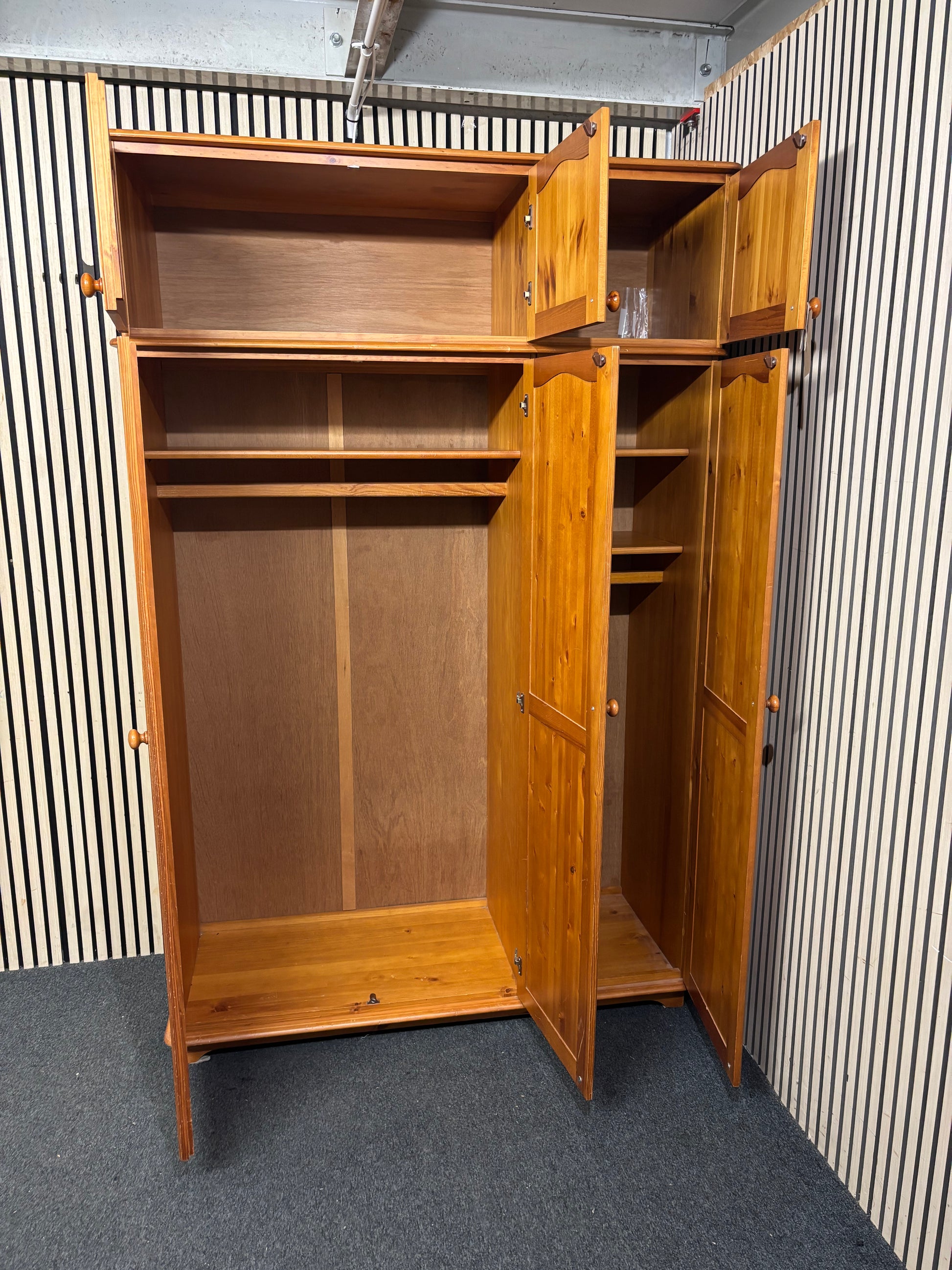 Tall natural pine 3 door wardrobe with overhead storage (H 210 x W 140 x D 56 43694