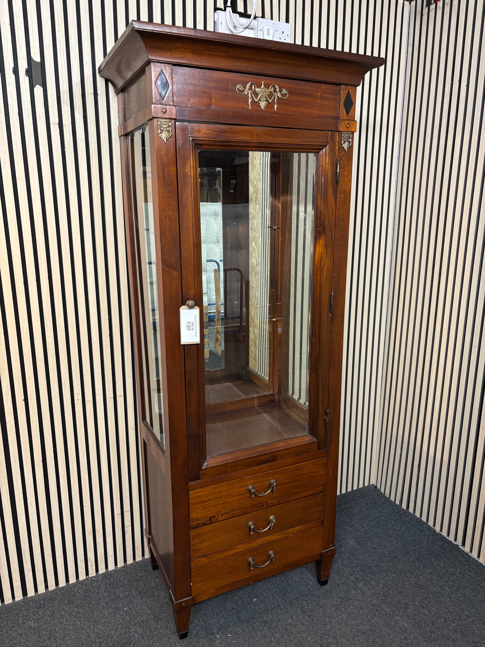 Tall solid dark wood stained single glass display cabinet with base drawers (H 198 x W 79 x D 50 cm) 43789