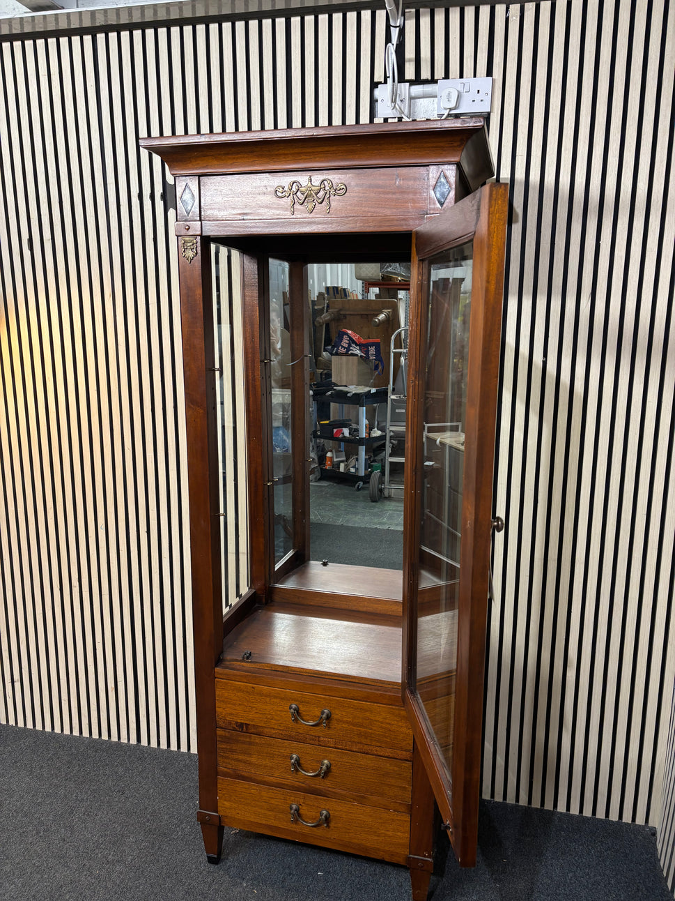 Tall solid dark wood stained single glass display cabinet with base drawers (H 198 x W 79 x D 50 cm) 43789