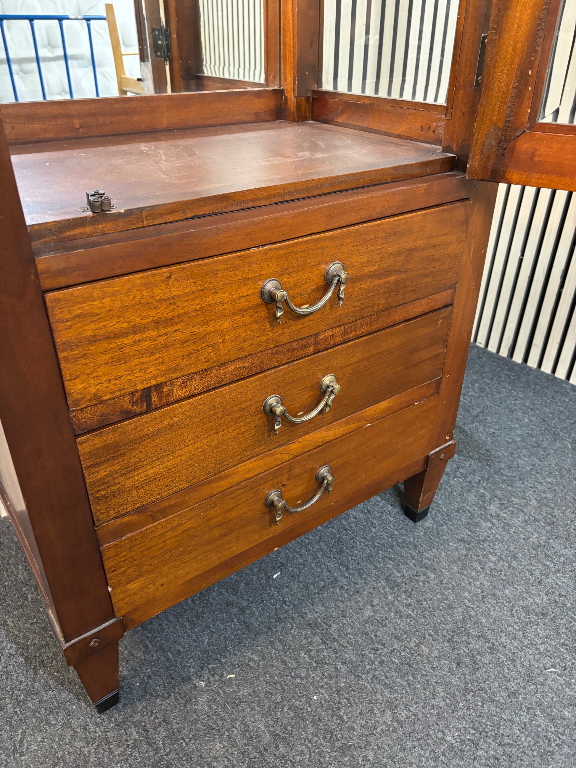 Tall solid dark wood stained single glass display cabinet with base drawers (H 198 x W 79 x D 50 cm) 43789