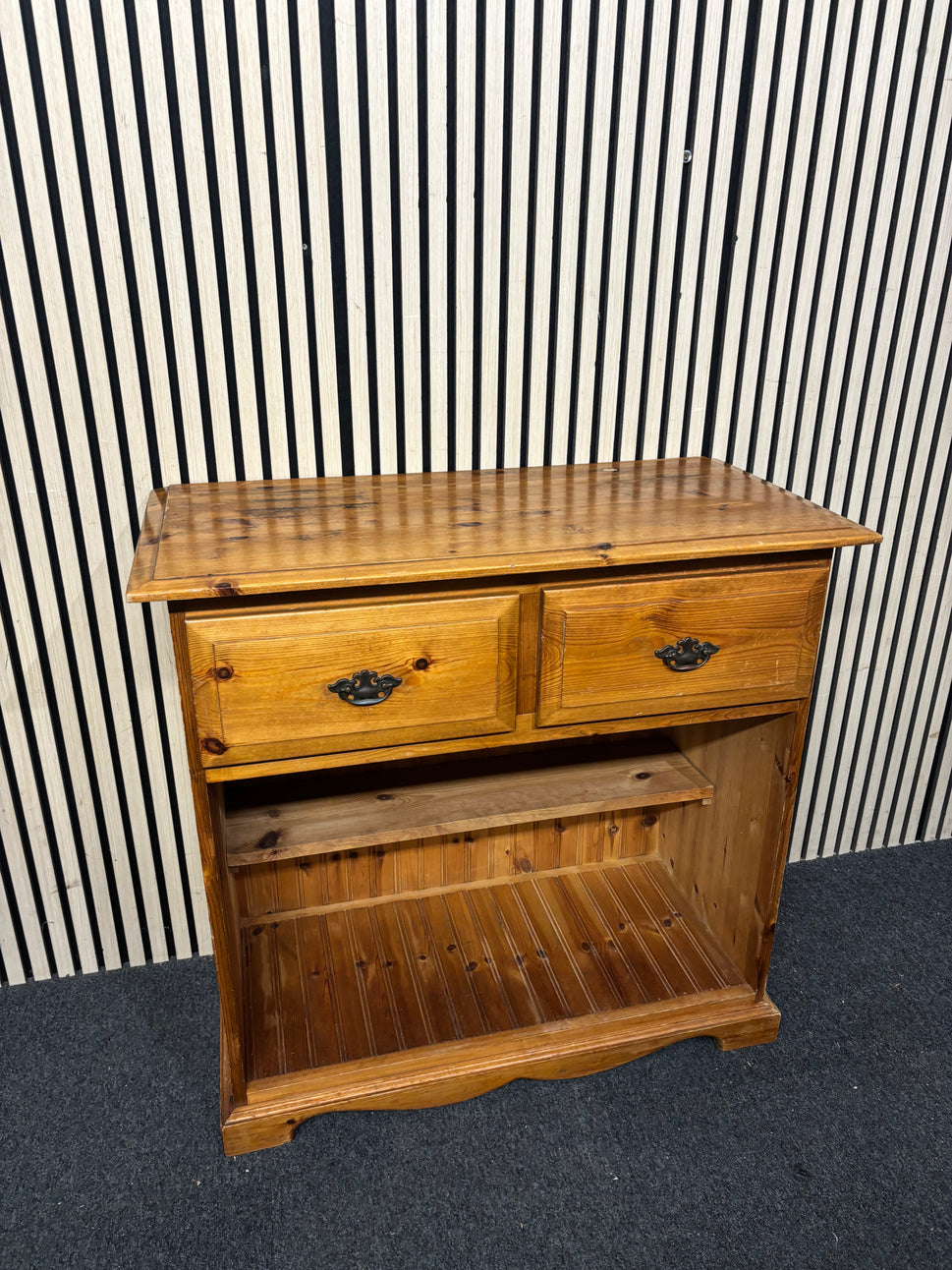 Solid pine console table with two drawers and open shelving (H 89 x W 93 x D 46 cm) 44085