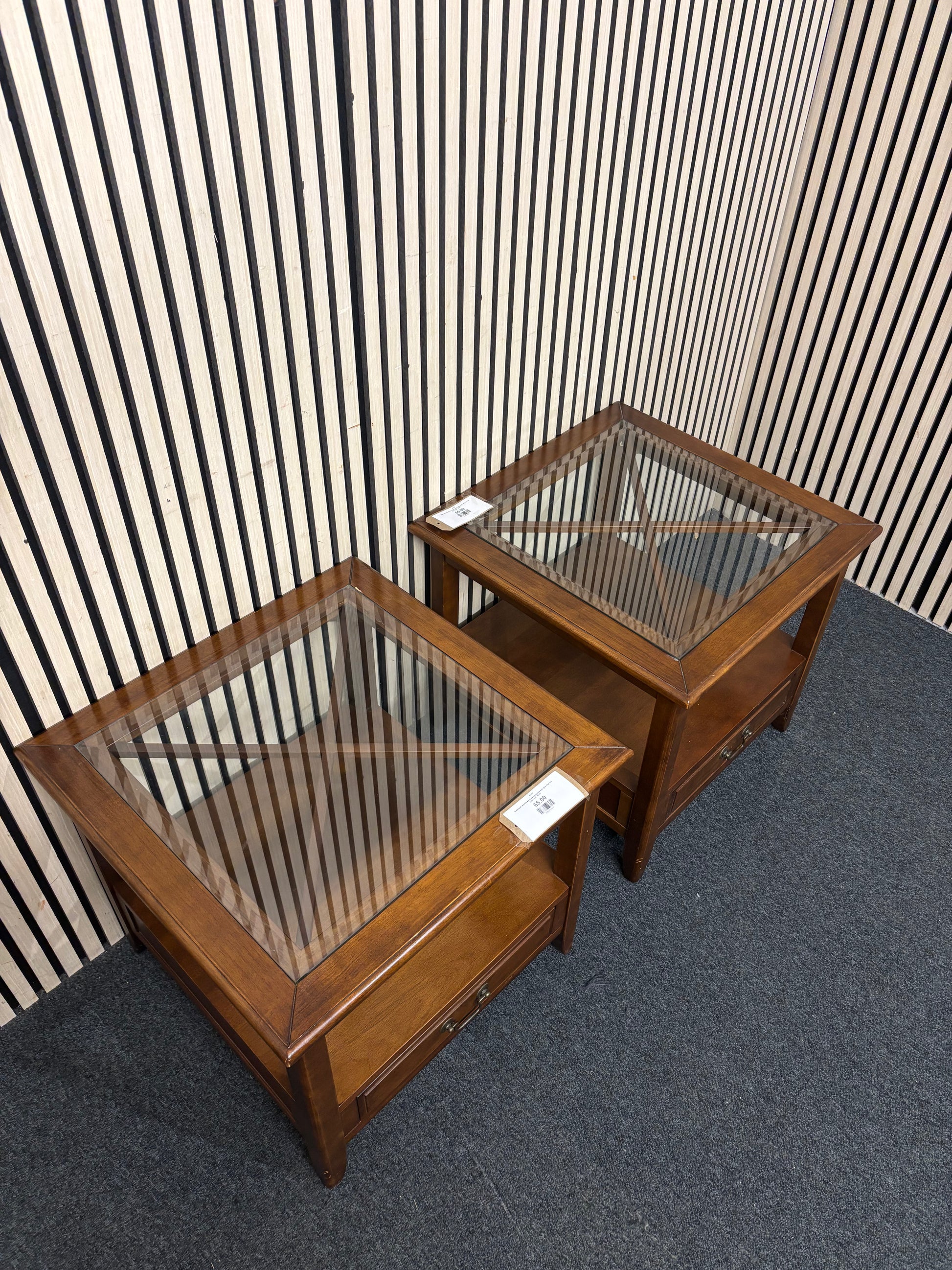 Solid dark wood low square lamp table with glass top and base shelf 44107