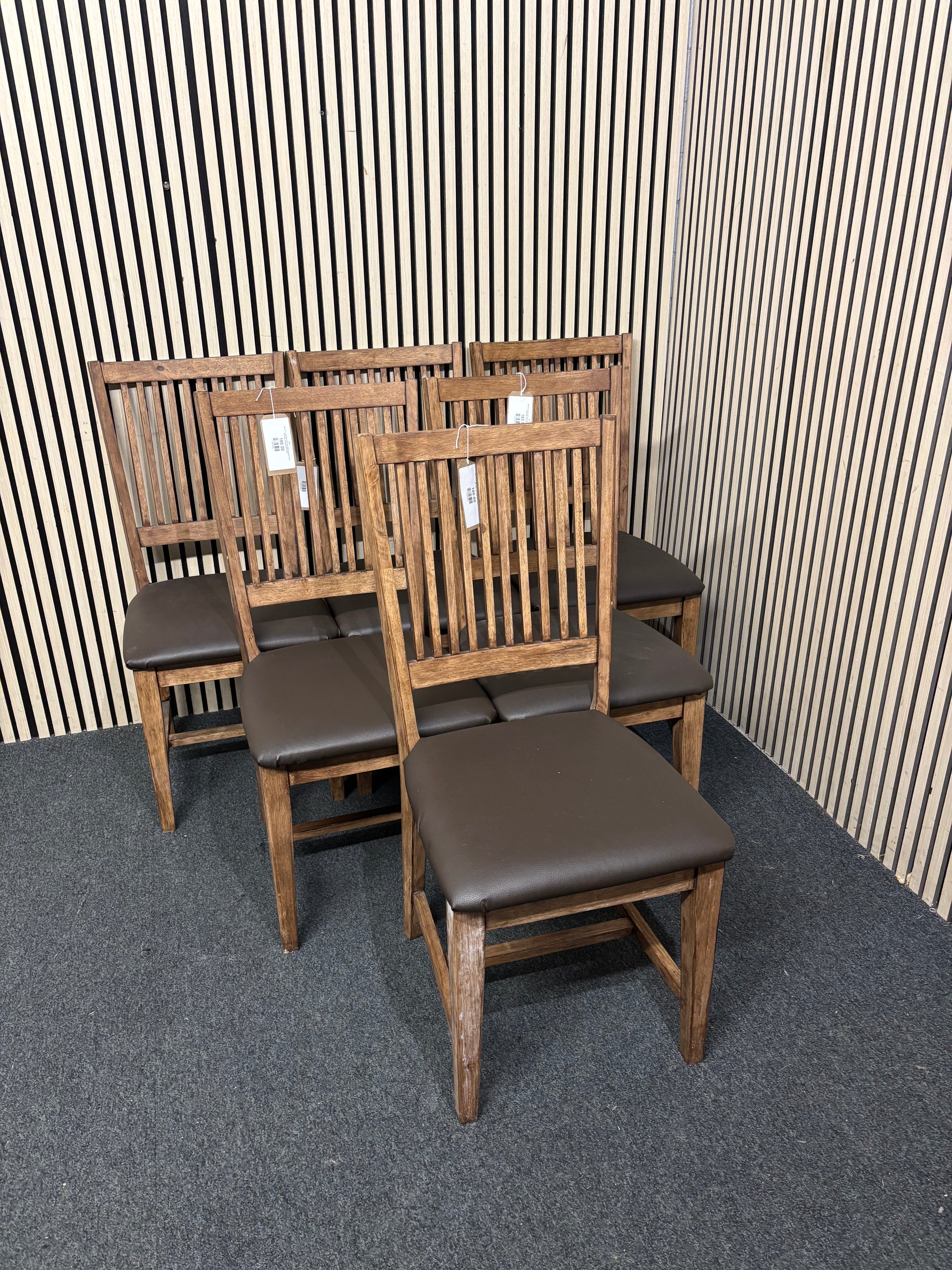 Set of 6 no. high back dark wood stained kitchen chairs with black vinyl seat fabric 44211