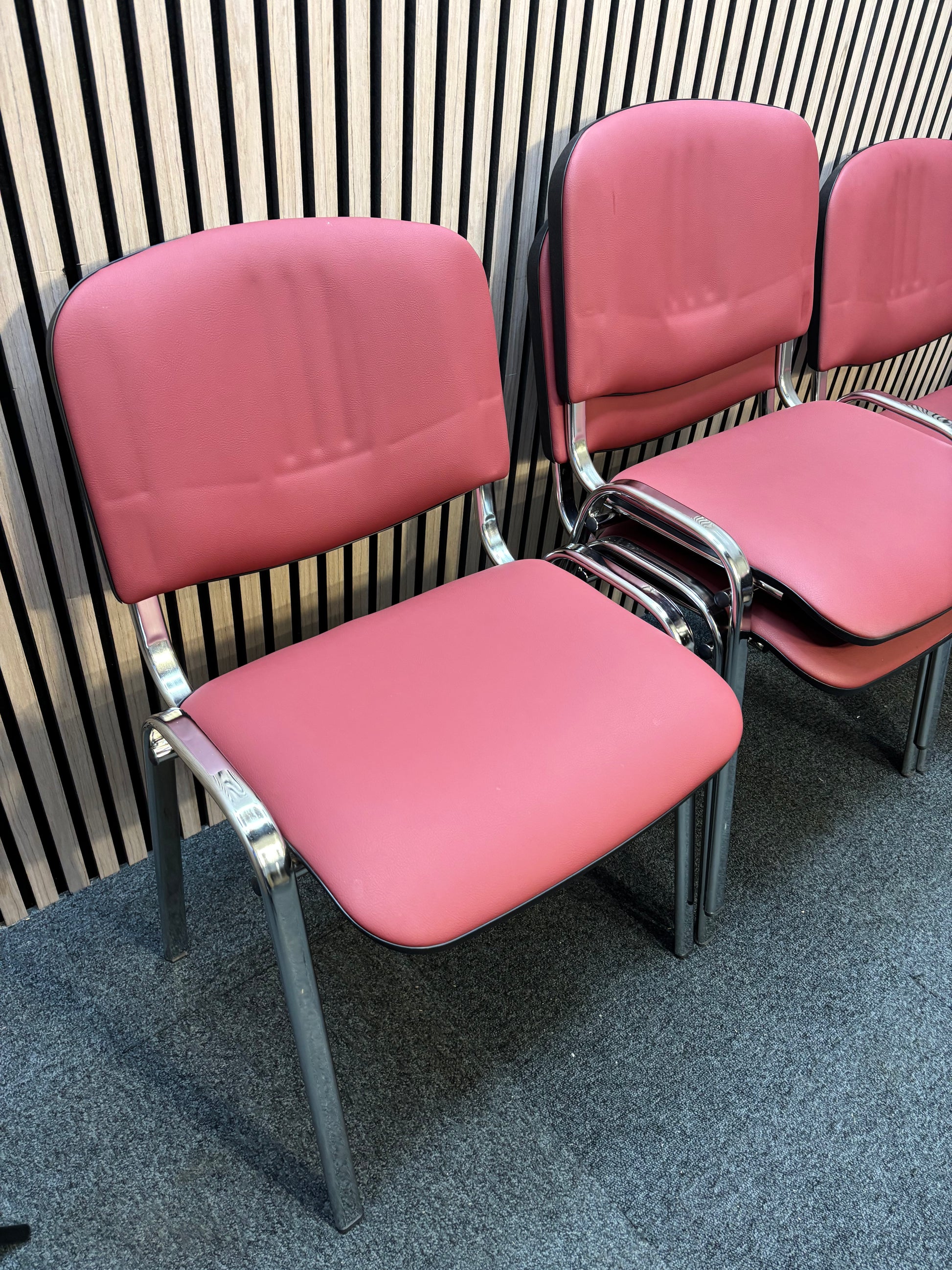 Ex Demo like new Chrome frame stacking chair, wine leatherette seat and back J3964