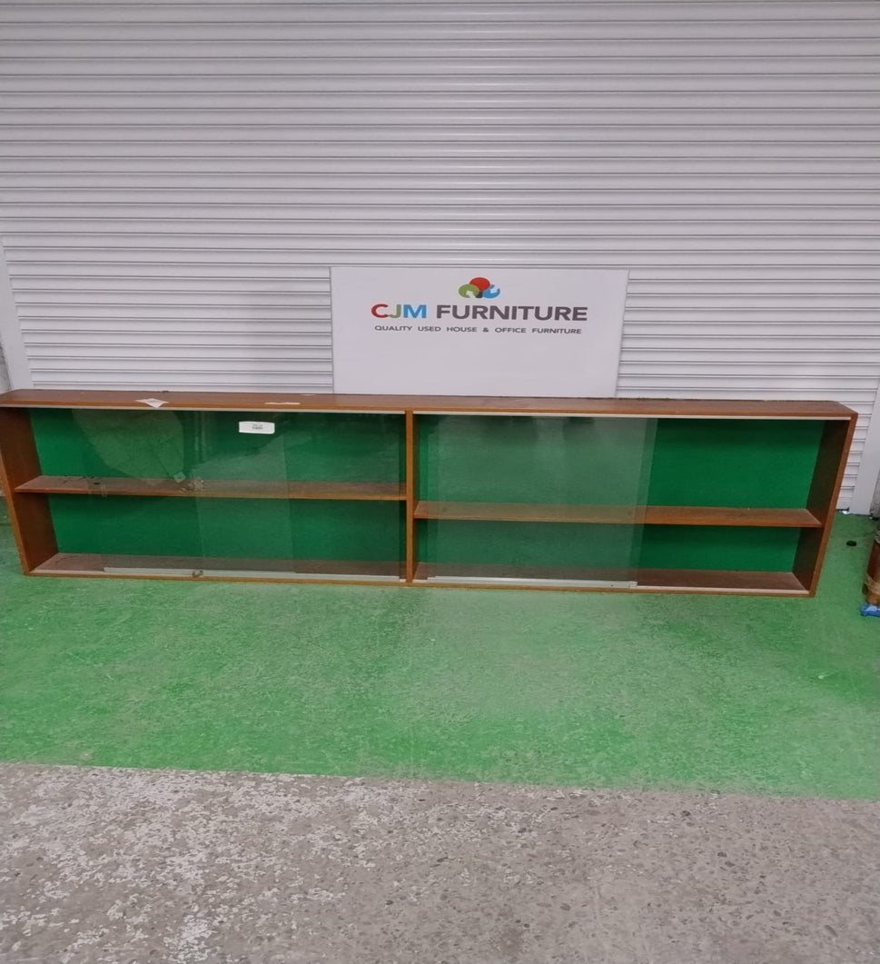 Large teak framed wall mounted glass display unit (H 92 x W 234 x D 24 cm)