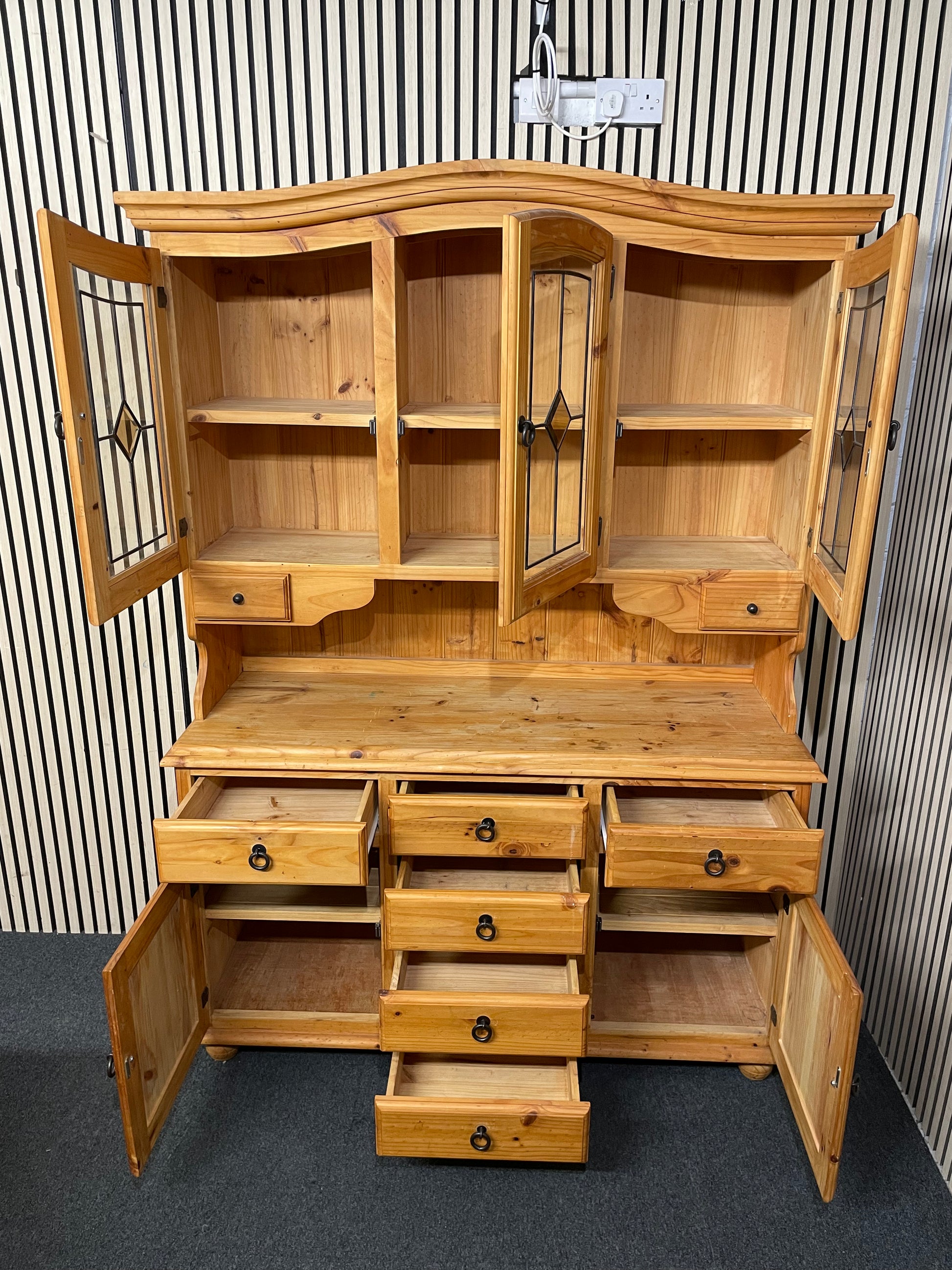 Tall 6 drawer 2 door kitchen dresser with top section of 3 glass door, top section removable 201Hx52Dx140W 44441