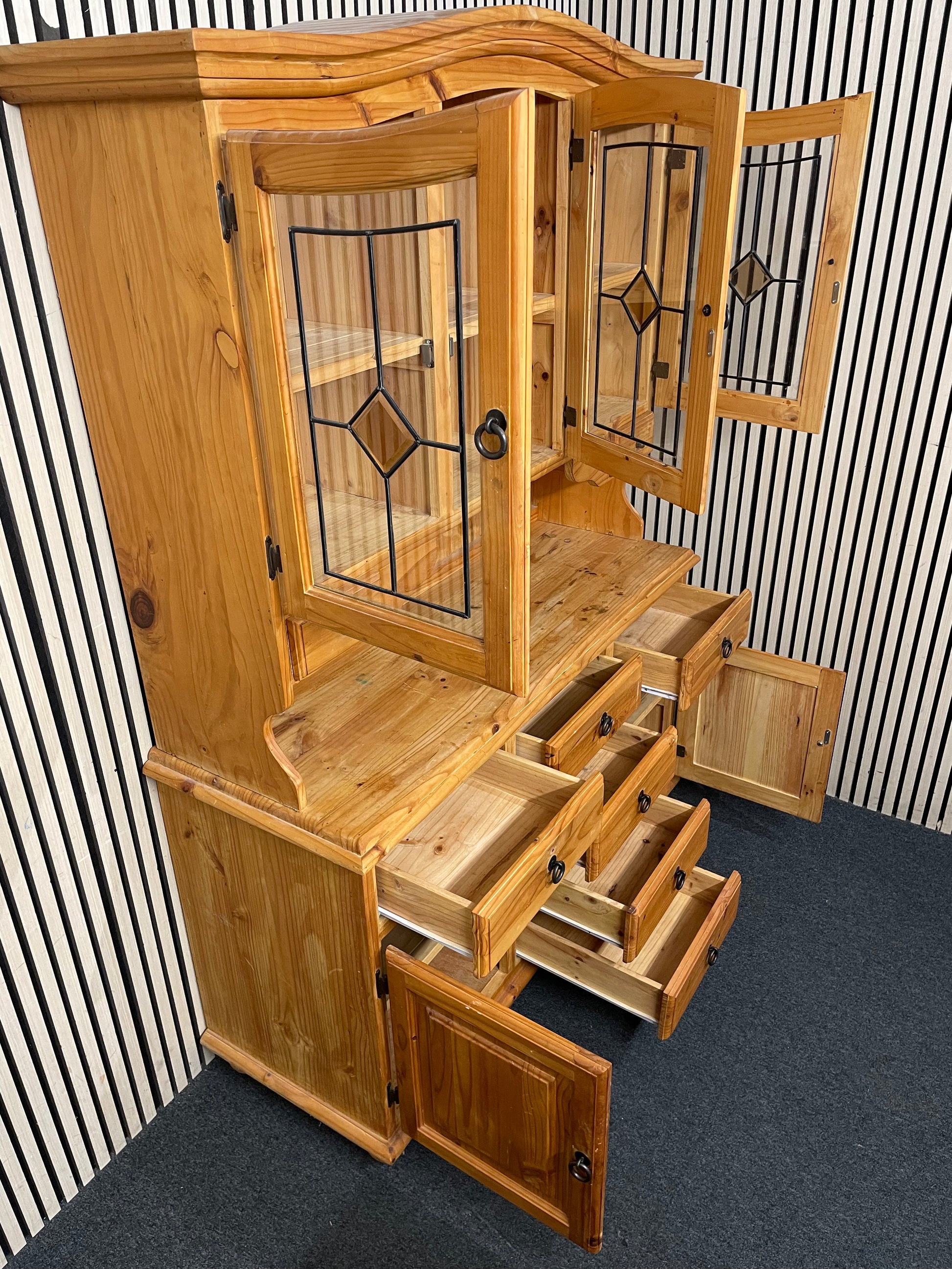 Tall 6 drawer 2 door kitchen dresser with top section of 3 glass door, top section removable 201Hx52Dx140W 44441