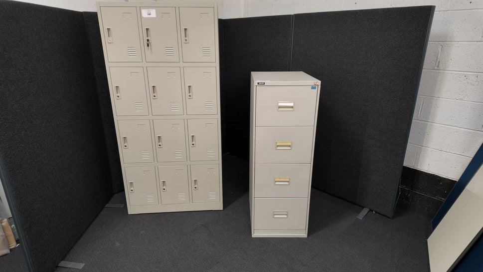 Triumph secondhand 4 drawer grey metal filing cabinet with key. 470Wx622Dx1321H approx. Price inc VAT.