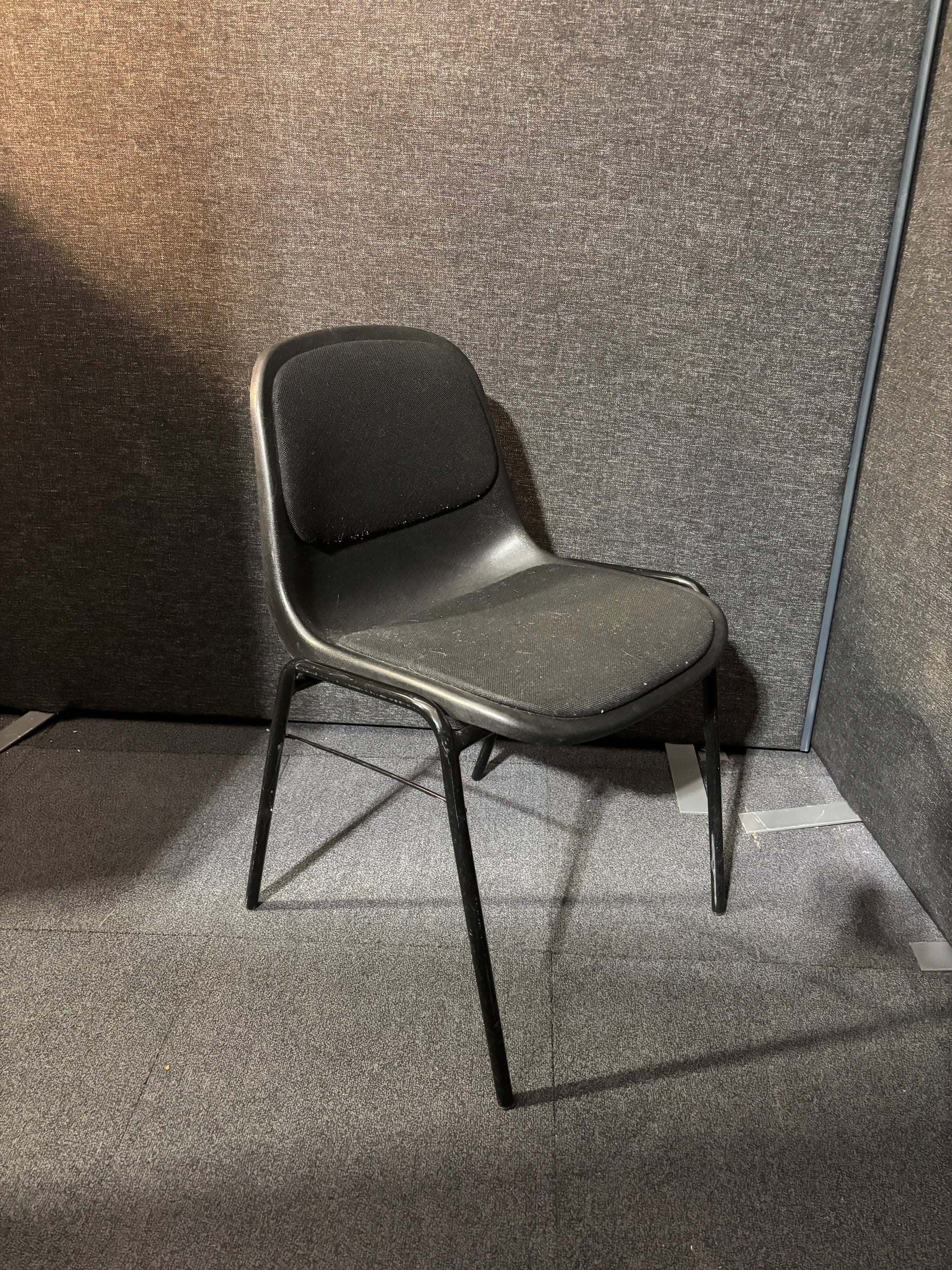 Black chrome framed polyprop stacking chair with black fabric seat LARGE QTY IN STOCK