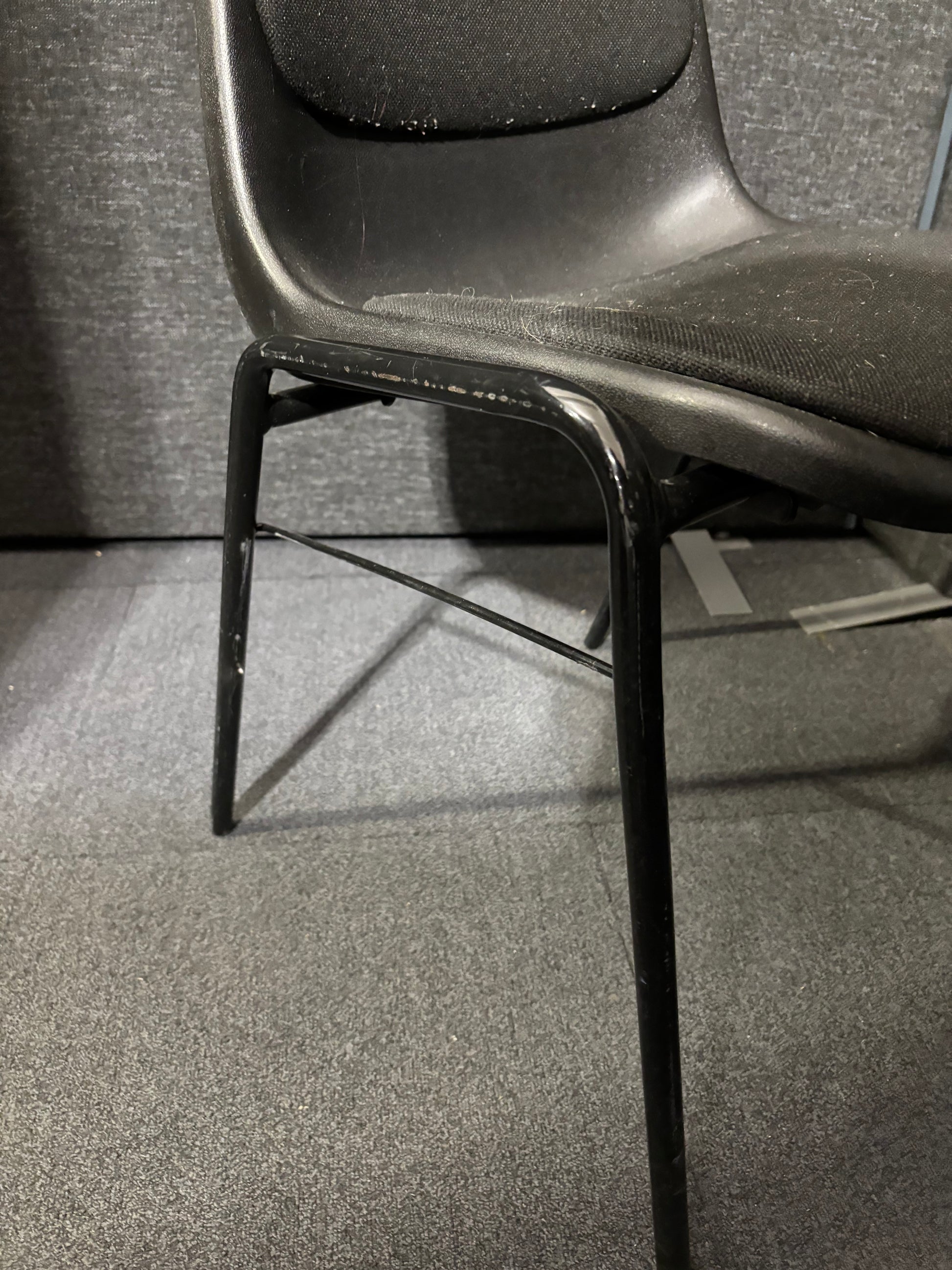 Black chrome framed polyprop stacking chair with black fabric seat LARGE QTY IN STOCK