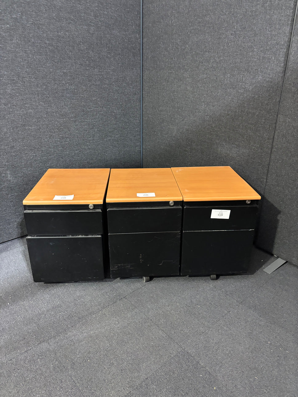 Black metal and maple top 2 drawer mobile under desk pedestal