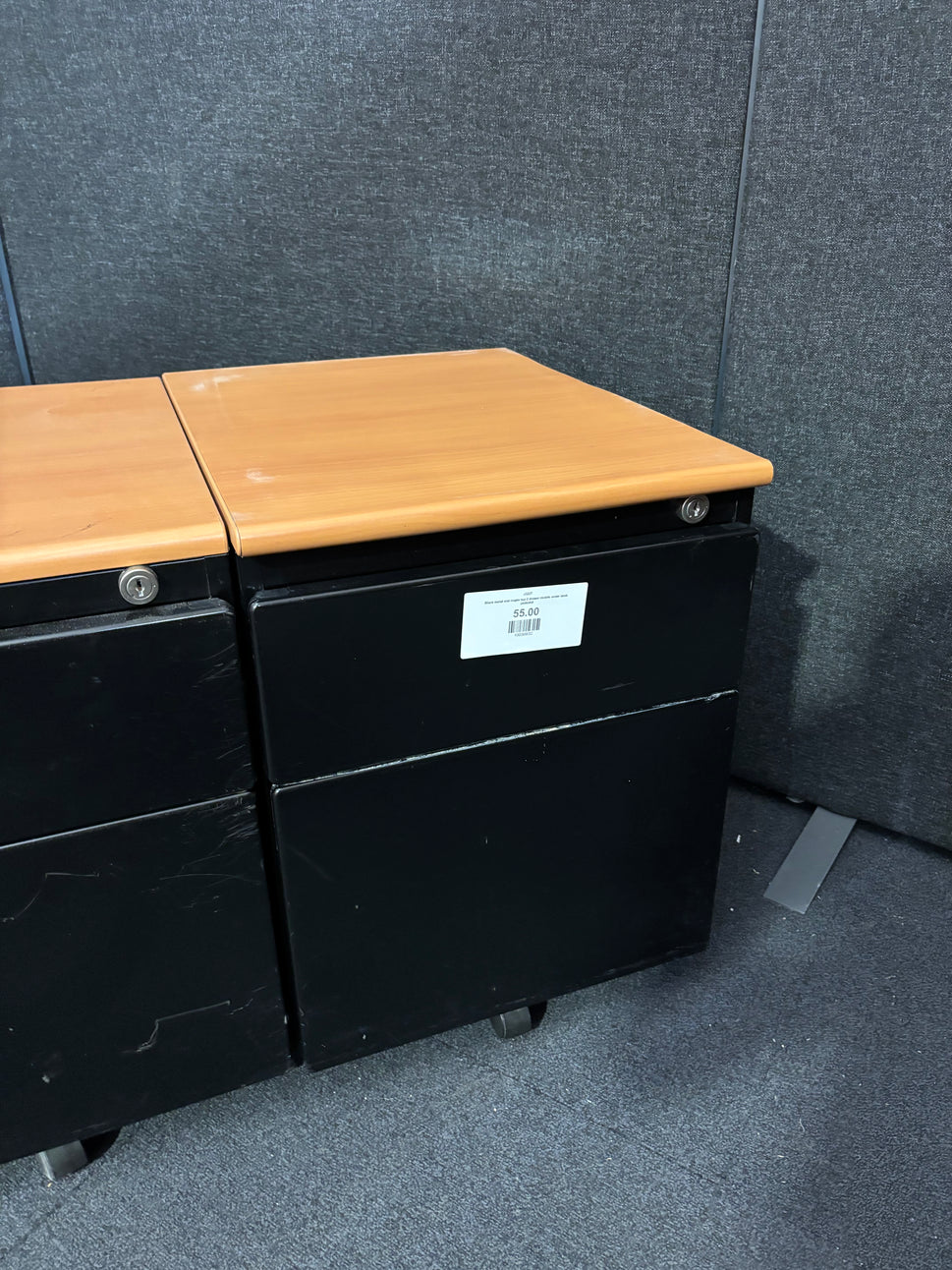 Black metal and maple top 2 drawer mobile under desk pedestal