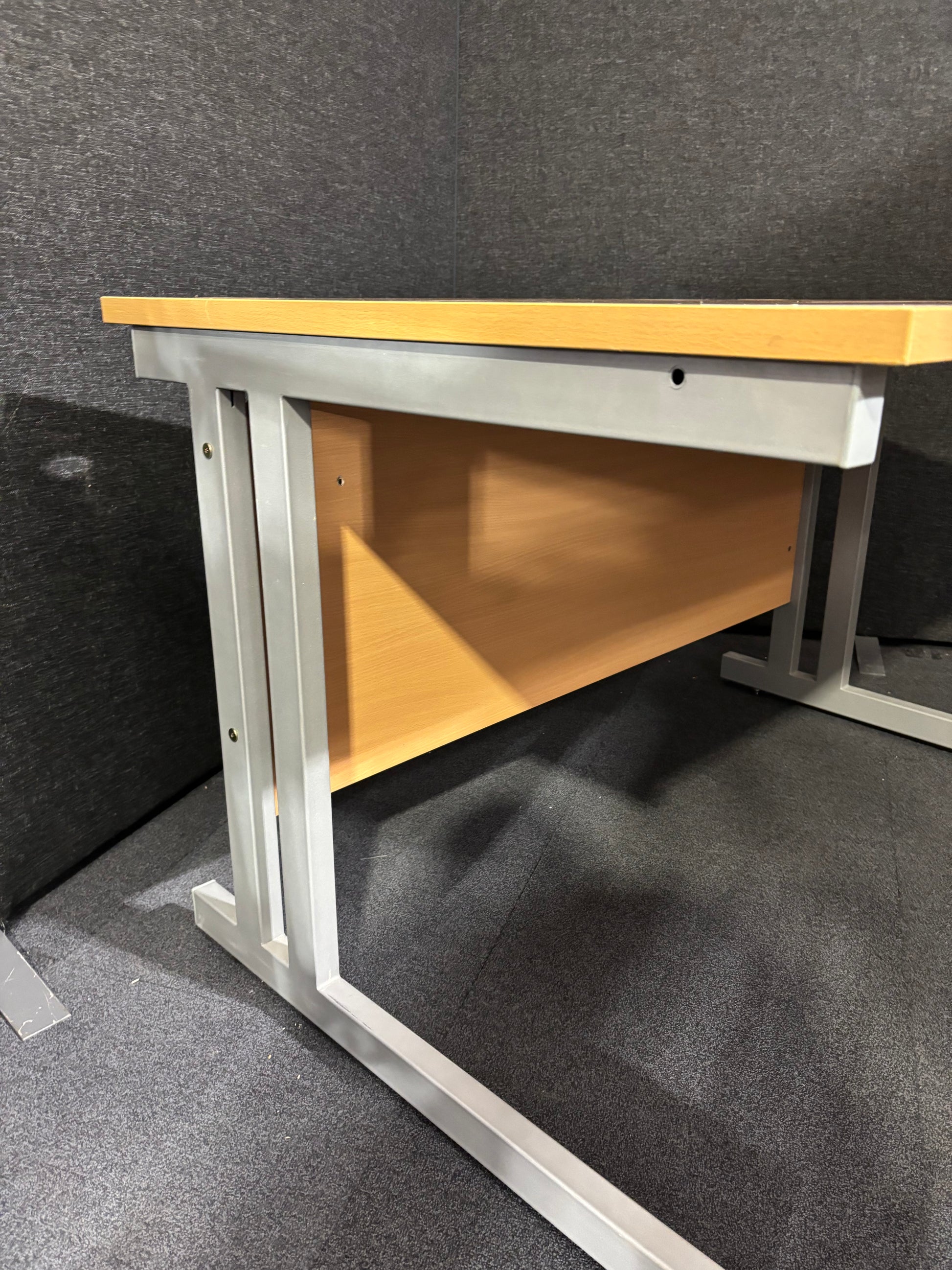 Beech second hand 1200*800 straight desk with silver legs and matching modesty panel
