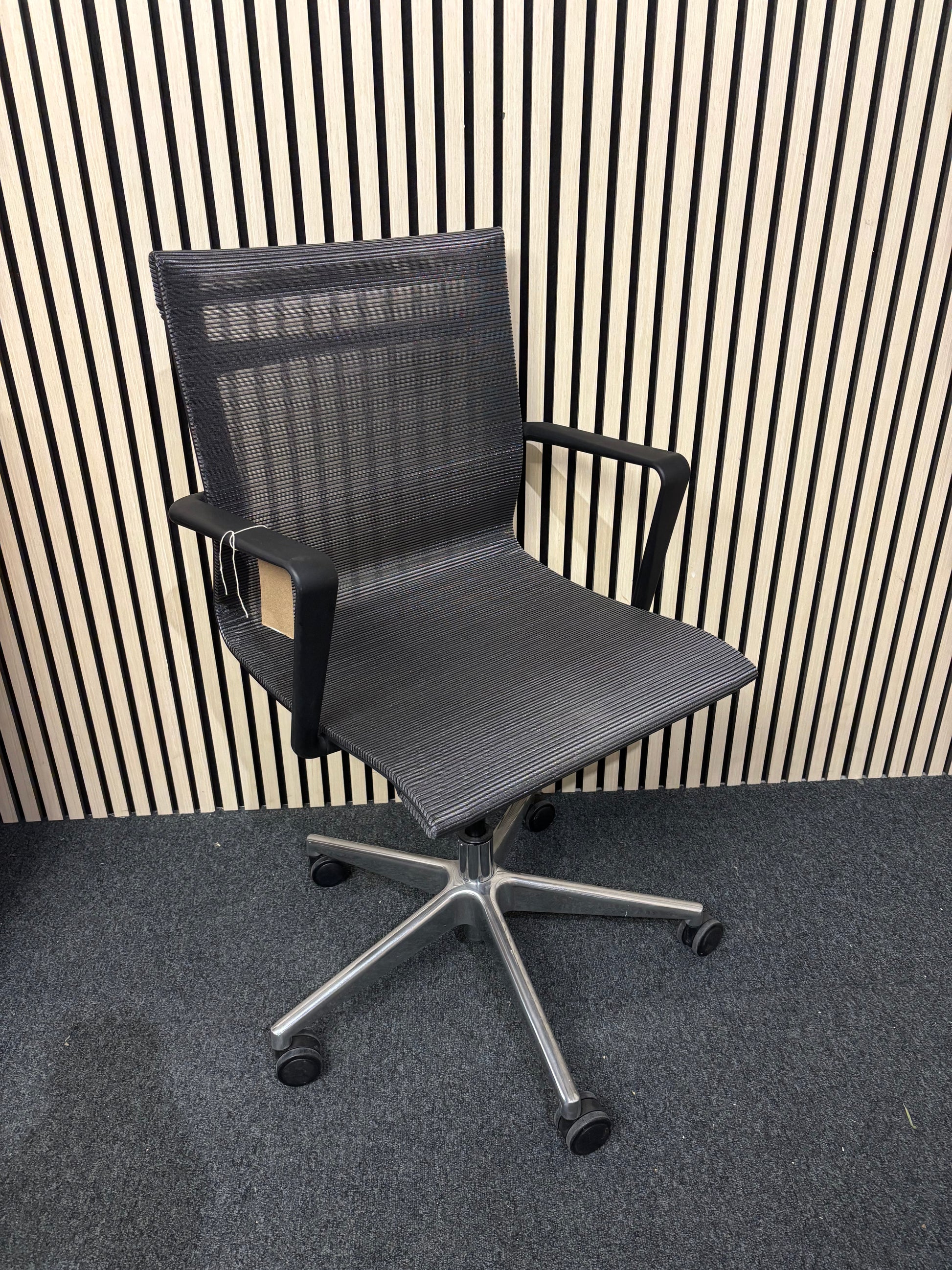 EX DEMO Sirena black mesh multifunction meeting swivel chair with fixed black plastic arms PRICE INC VAT AT 23%