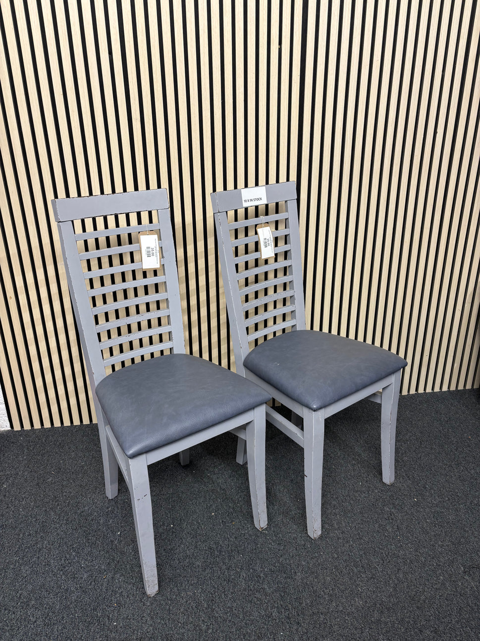 High back solid wood dark grey painted kitchen chair with fabric seat. Qty of