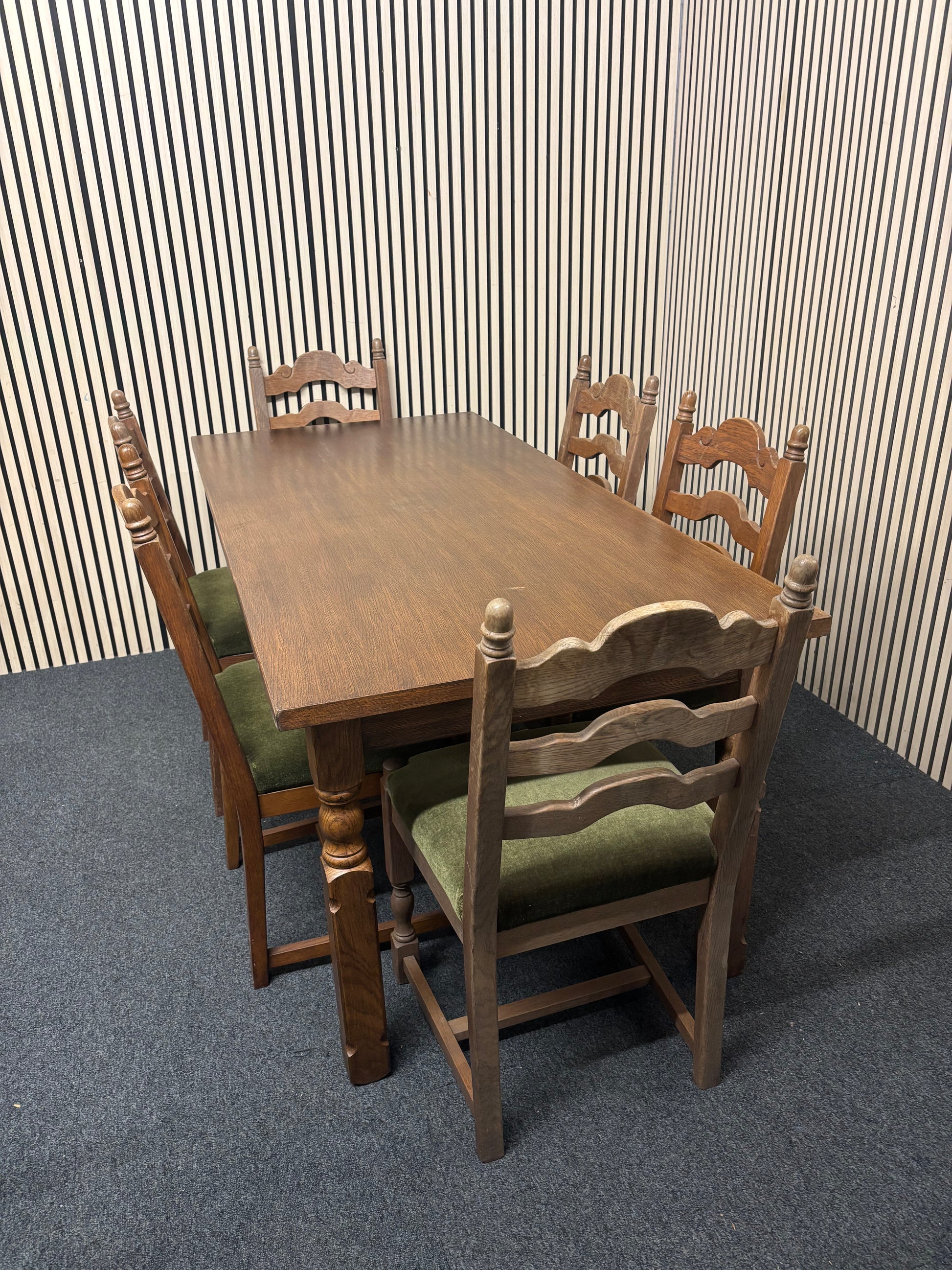 Dutch dark oak stained large rectangular kitchen table with 6 no. matching chairs with fabric seat 2425