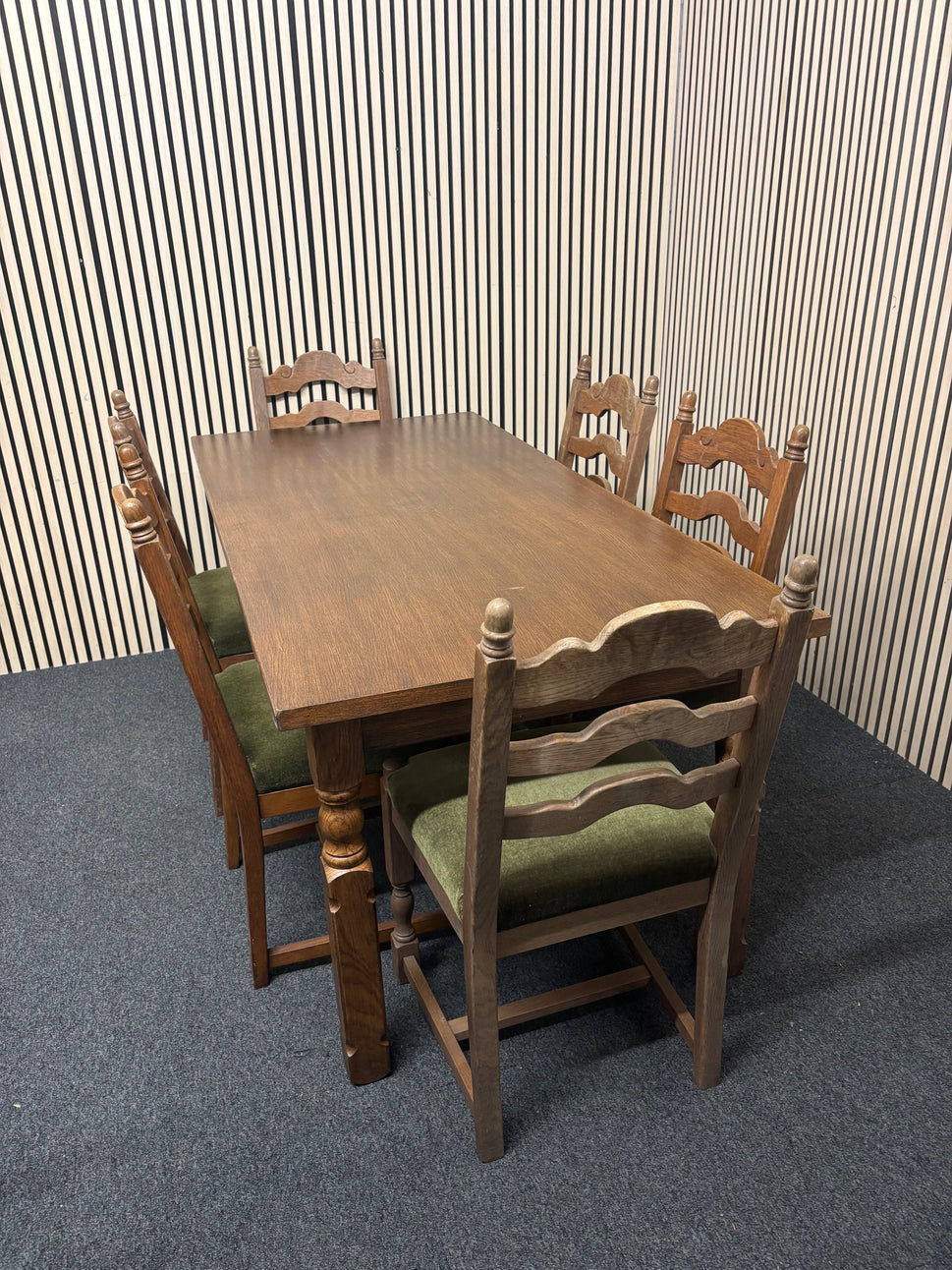 Dutch dark oak stained large rectangular kitchen table with 6 no. matching chairs with fabric seat 2425