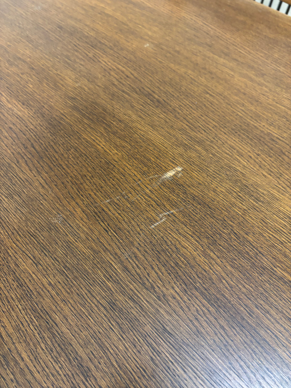 Dutch dark oak stained large rectangular kitchen table with 6 no. matching chairs with fabric seat 2425