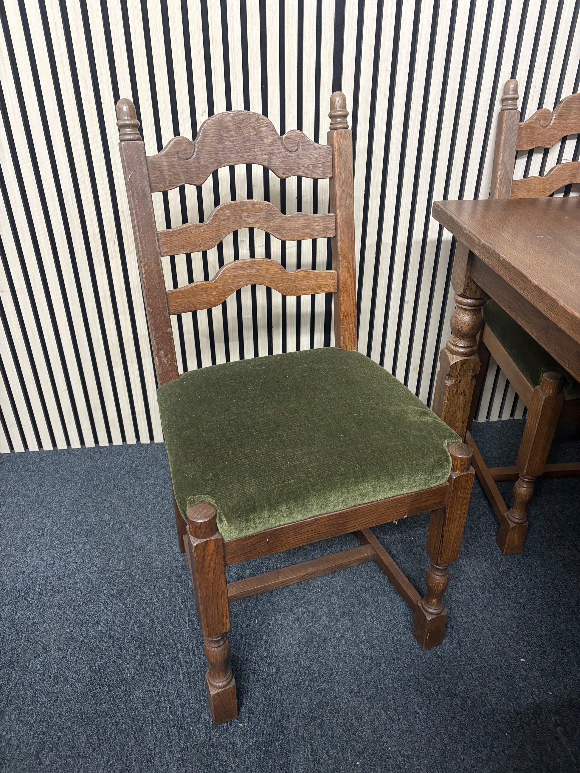Dutch dark oak stained large rectangular kitchen table with 6 no. matching chairs with fabric seat 2425