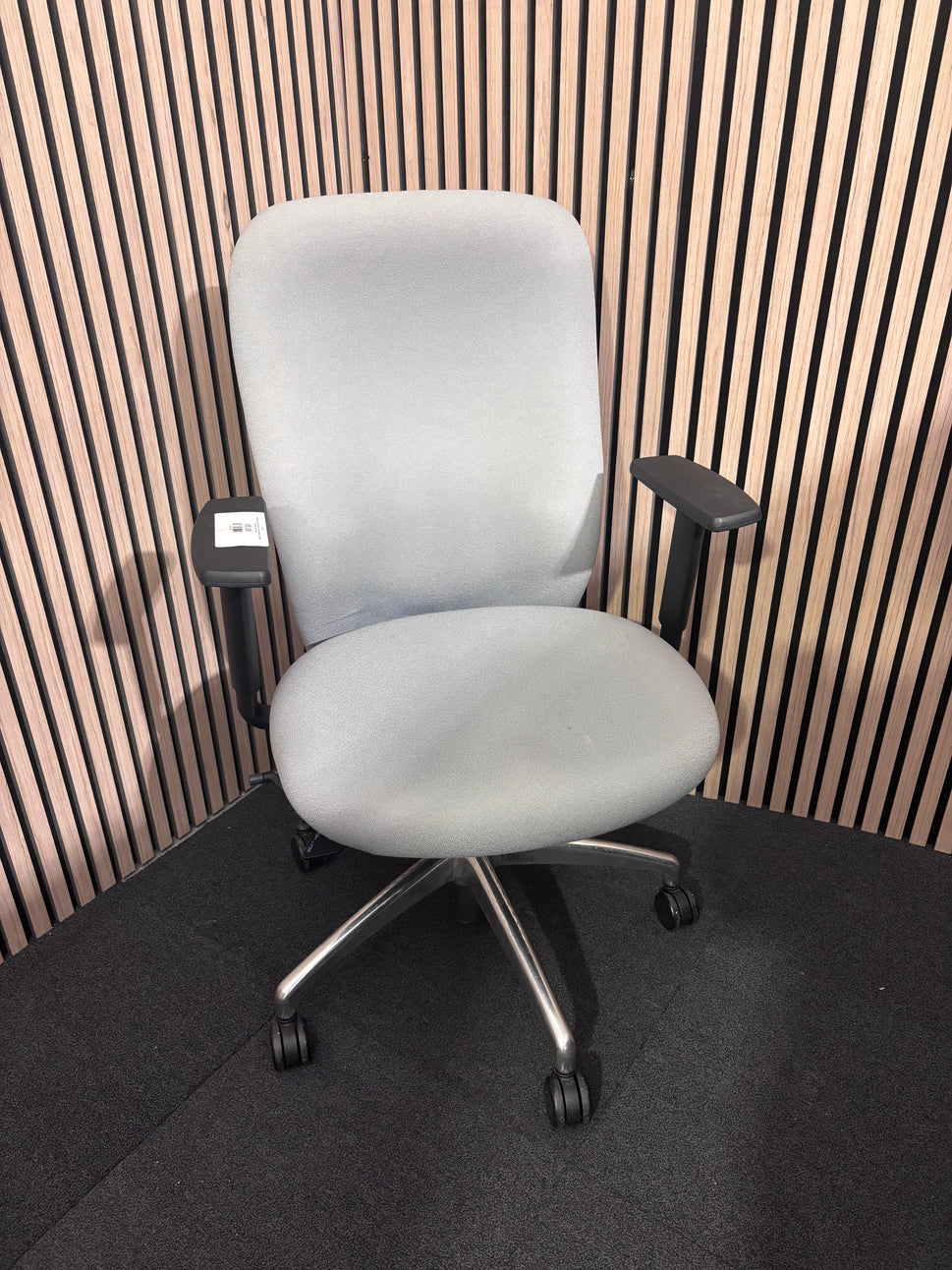 High back grey fabric Verco swivel height adjustable arms and chrome base