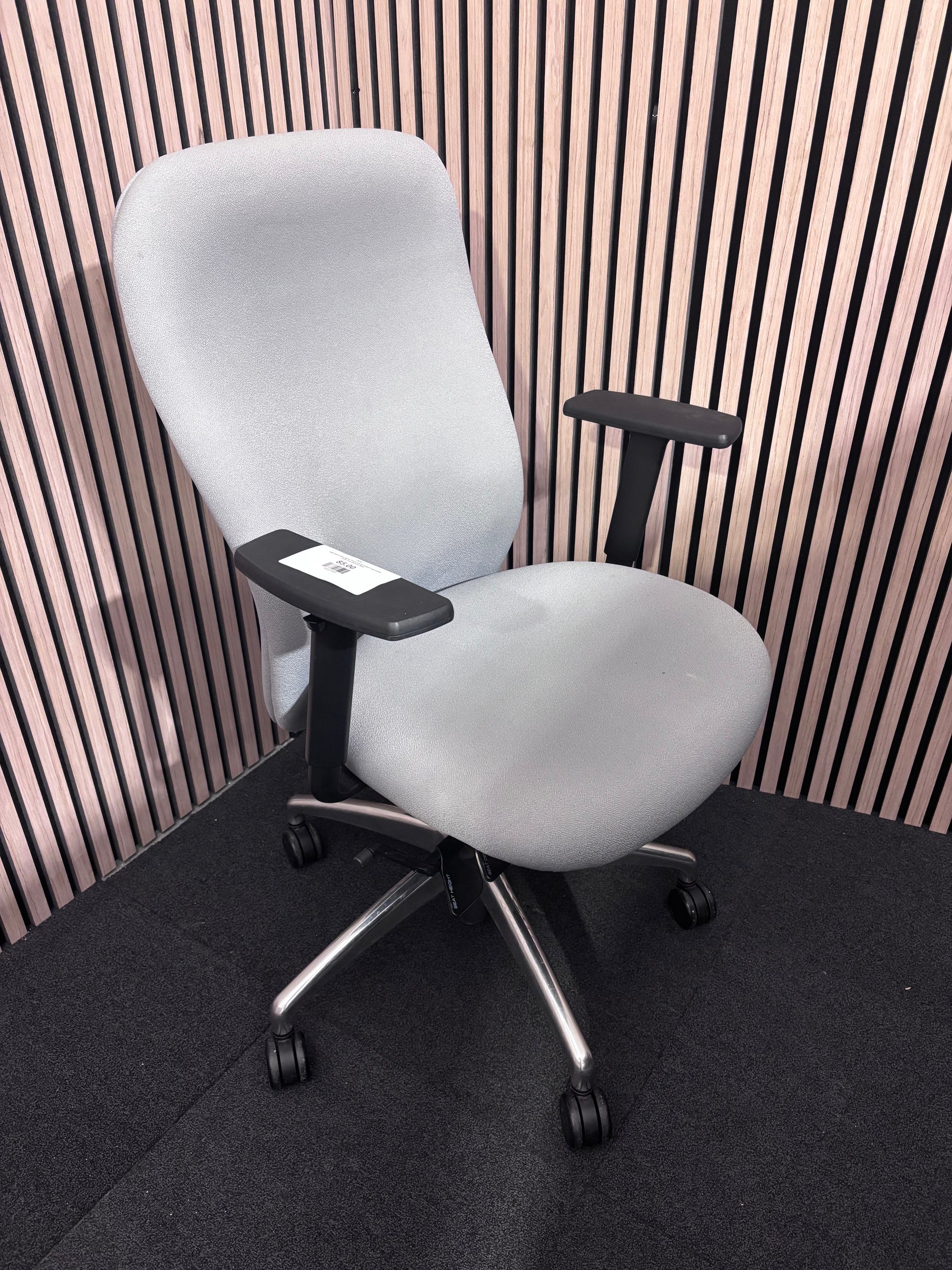 High back grey fabric Verco swivel height adjustable arms and chrome base