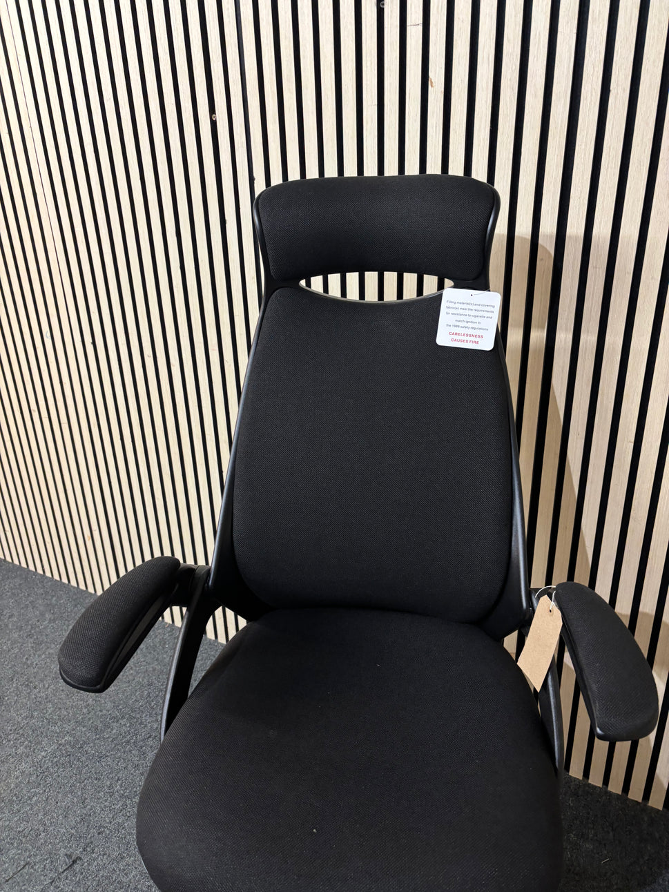 NEW Tuscan high back swivel chair, black fabric seat, fabric back and headrest with pivot arms. PRICE INC VAT