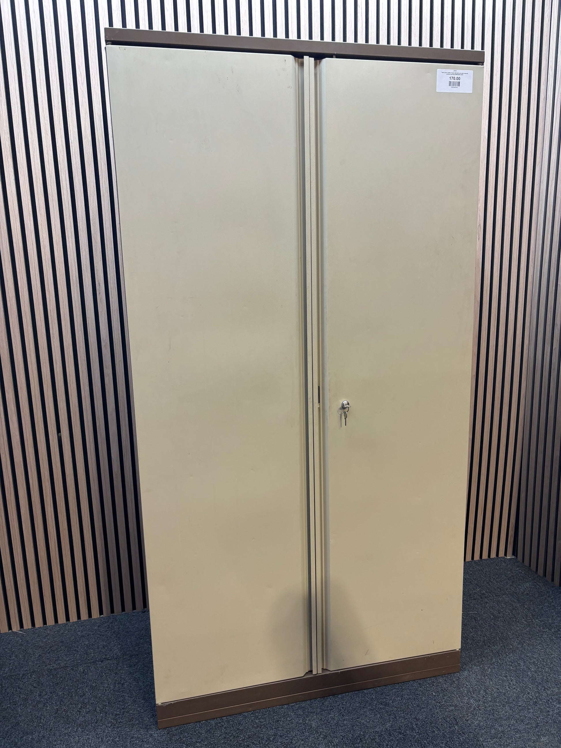 Tall 2 door coffee cream tall steel unit with internal shelves and key 95Wx49Dx184H