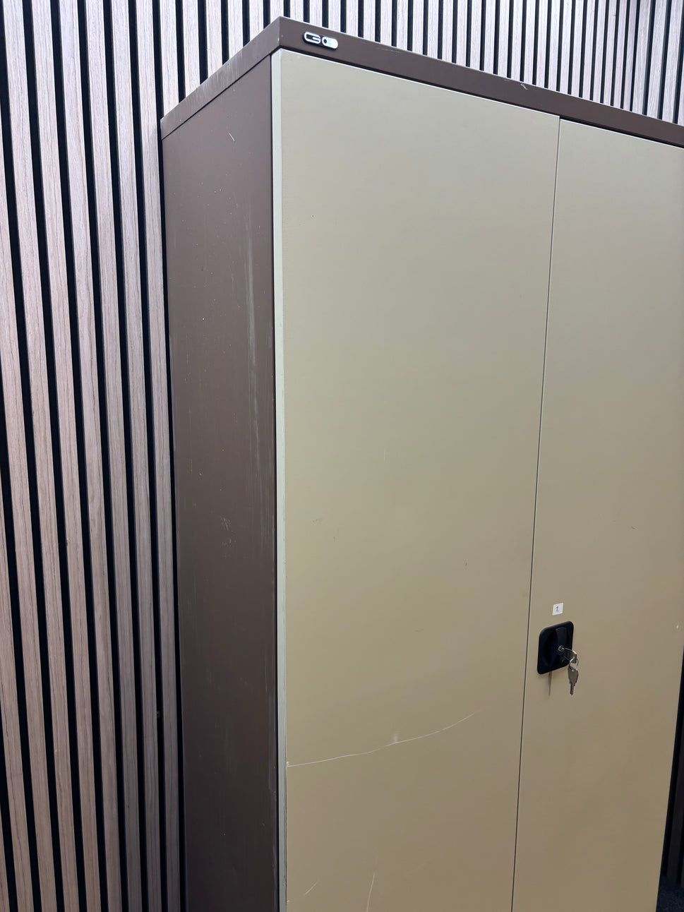 Tall GO 2 door coffee cream tall steel unit with internal shelves and key 91Wx46Dx183H