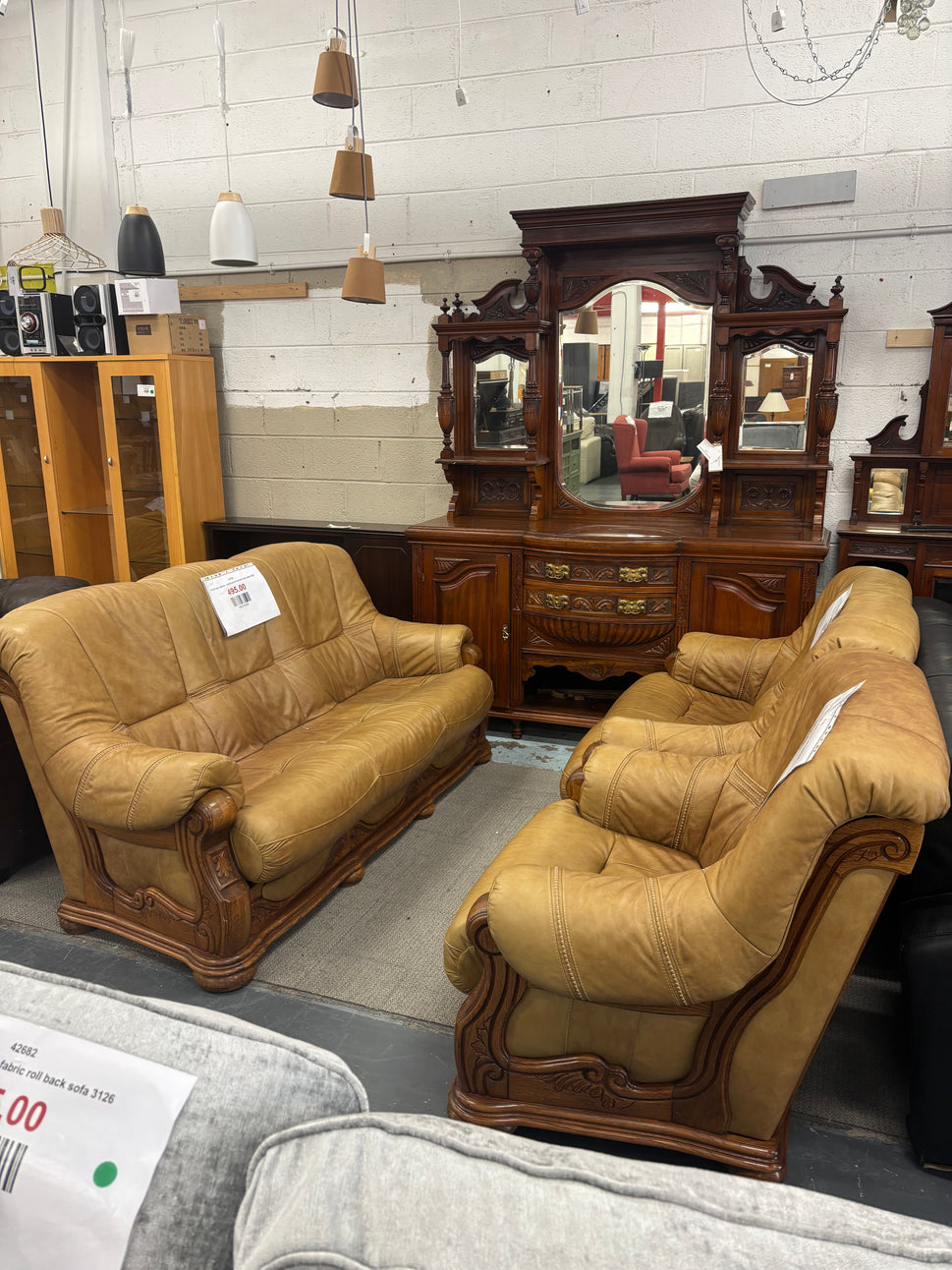 3+2+1 tan leather, solid wood framed sofa suite 3126