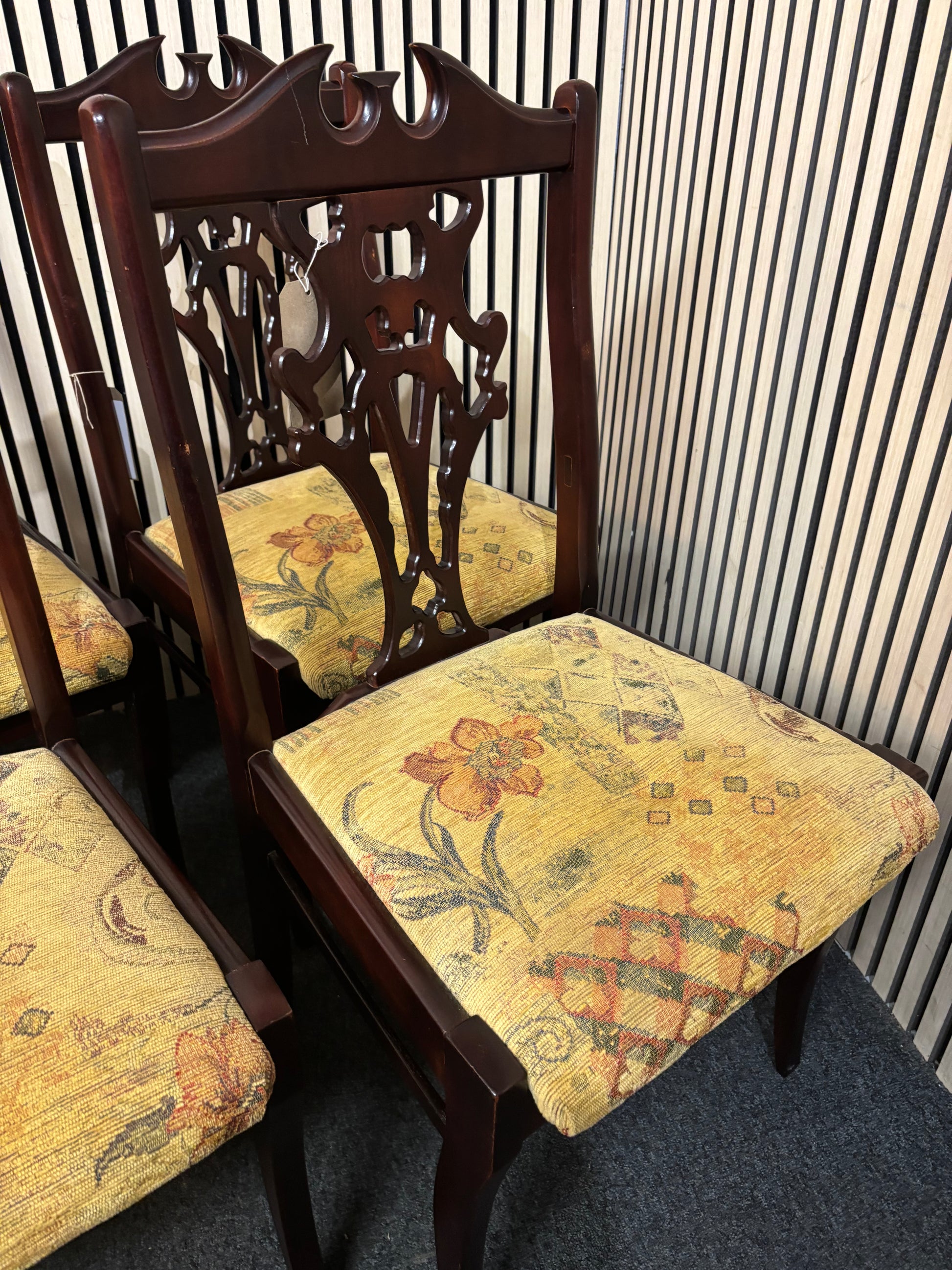 Solid mahogany framed ornate dining chair with mixed fabric yellow seat (SET OF 6) 43457
