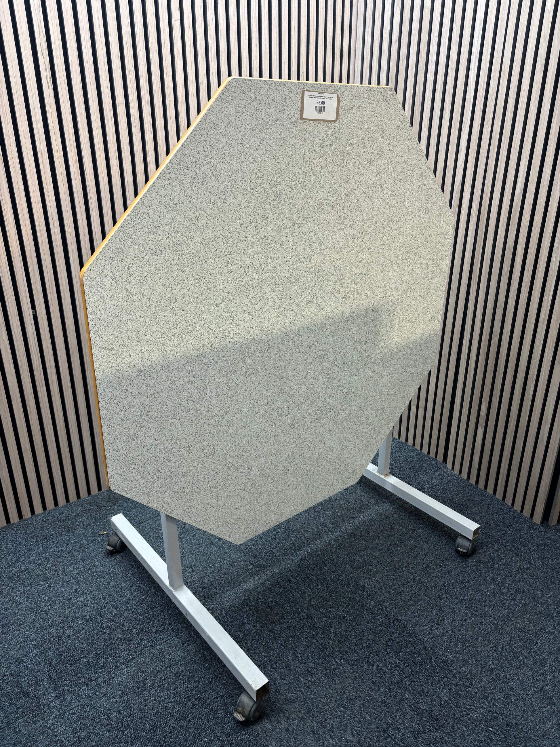 1200mm 50 pence octagonal tilt top grey formica top table on metal frame with castors. Price inc VAT