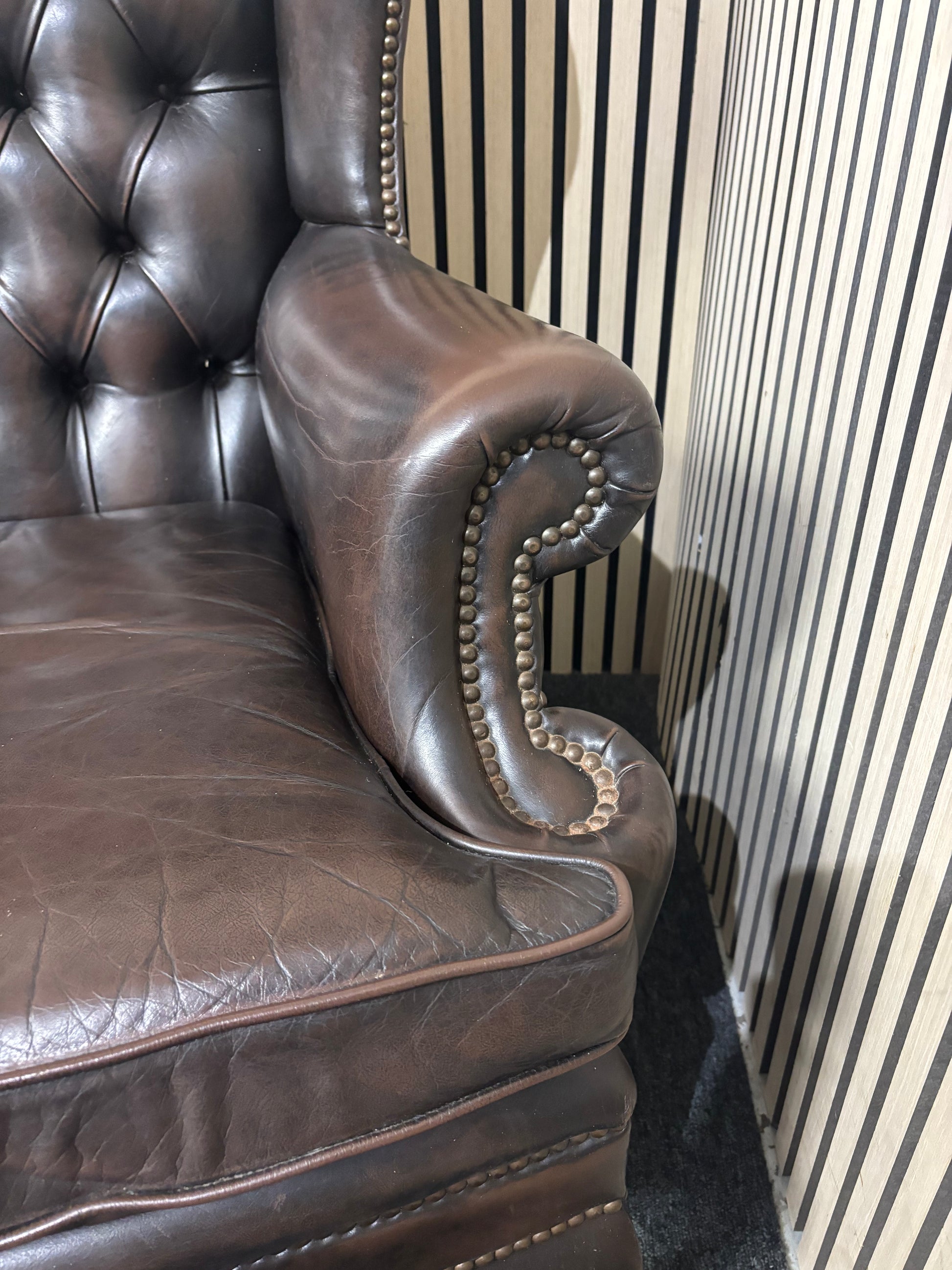 High wing back dark brown leather chesterfield armchair 43508