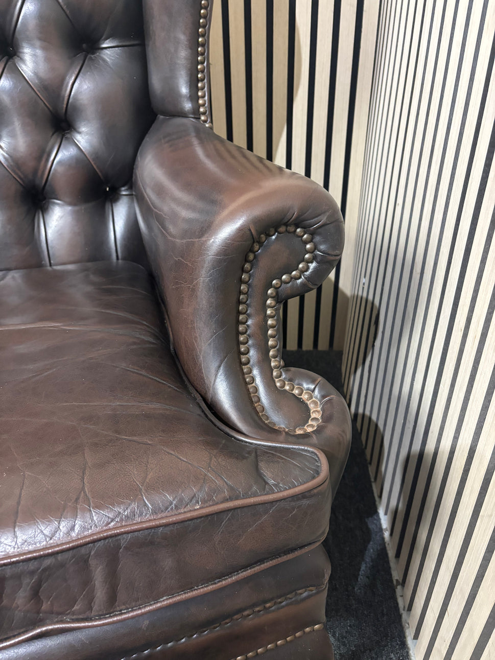 High wing back dark brown leather chesterfield armchair 43508