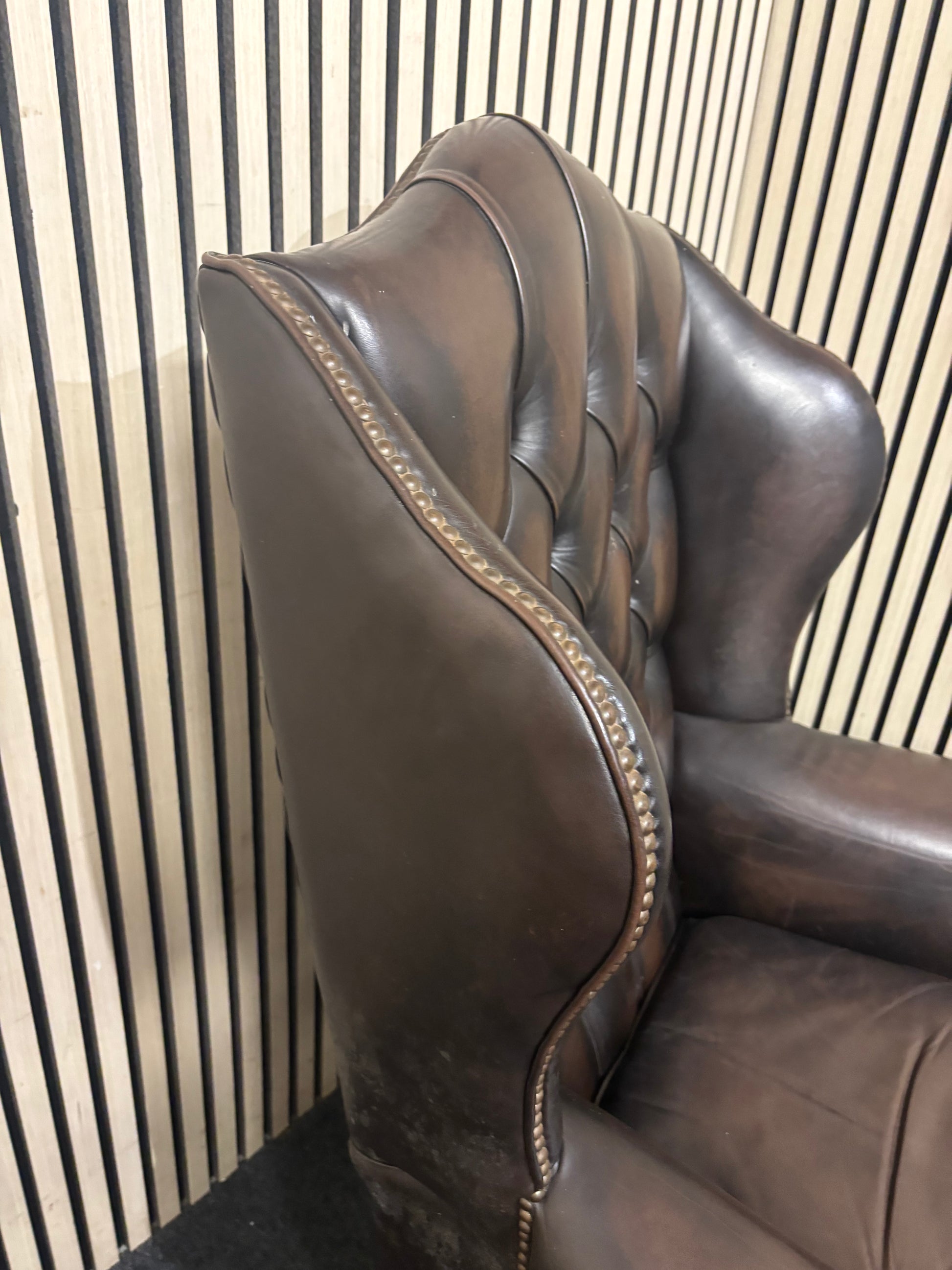 High wing back dark brown leather chesterfield armchair 43508