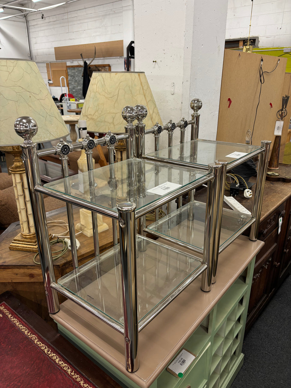 Chrome framed ornate bedside table with glass top and shelf 1126