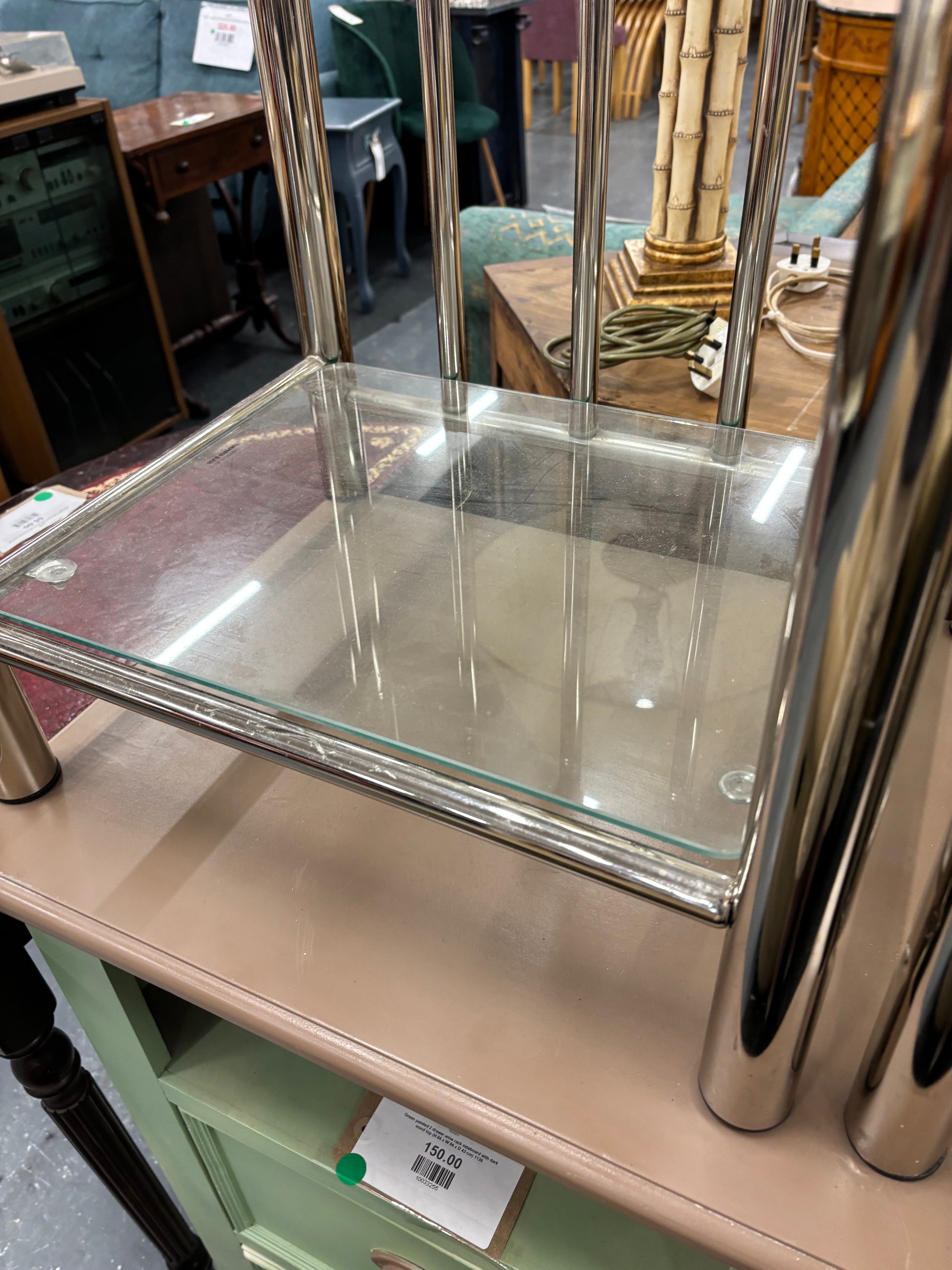 Chrome framed ornate bedside table with glass top and shelf 1126