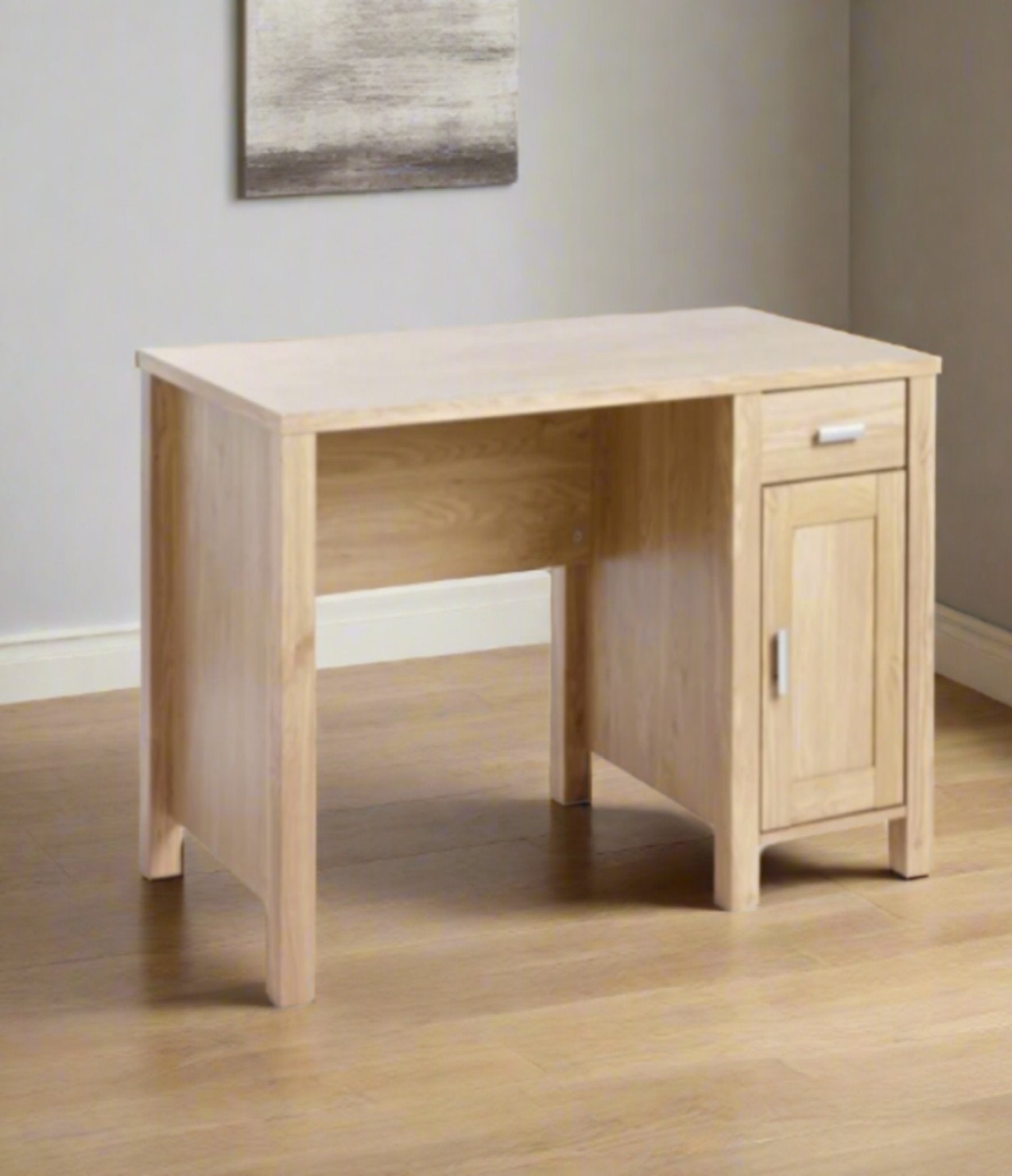 NEW Amazon oak laminate panel desk with drawer and door 1200Wx600Dx760H. FLAT PACKED PRICE. ASSEMBLY IS EXTRA.