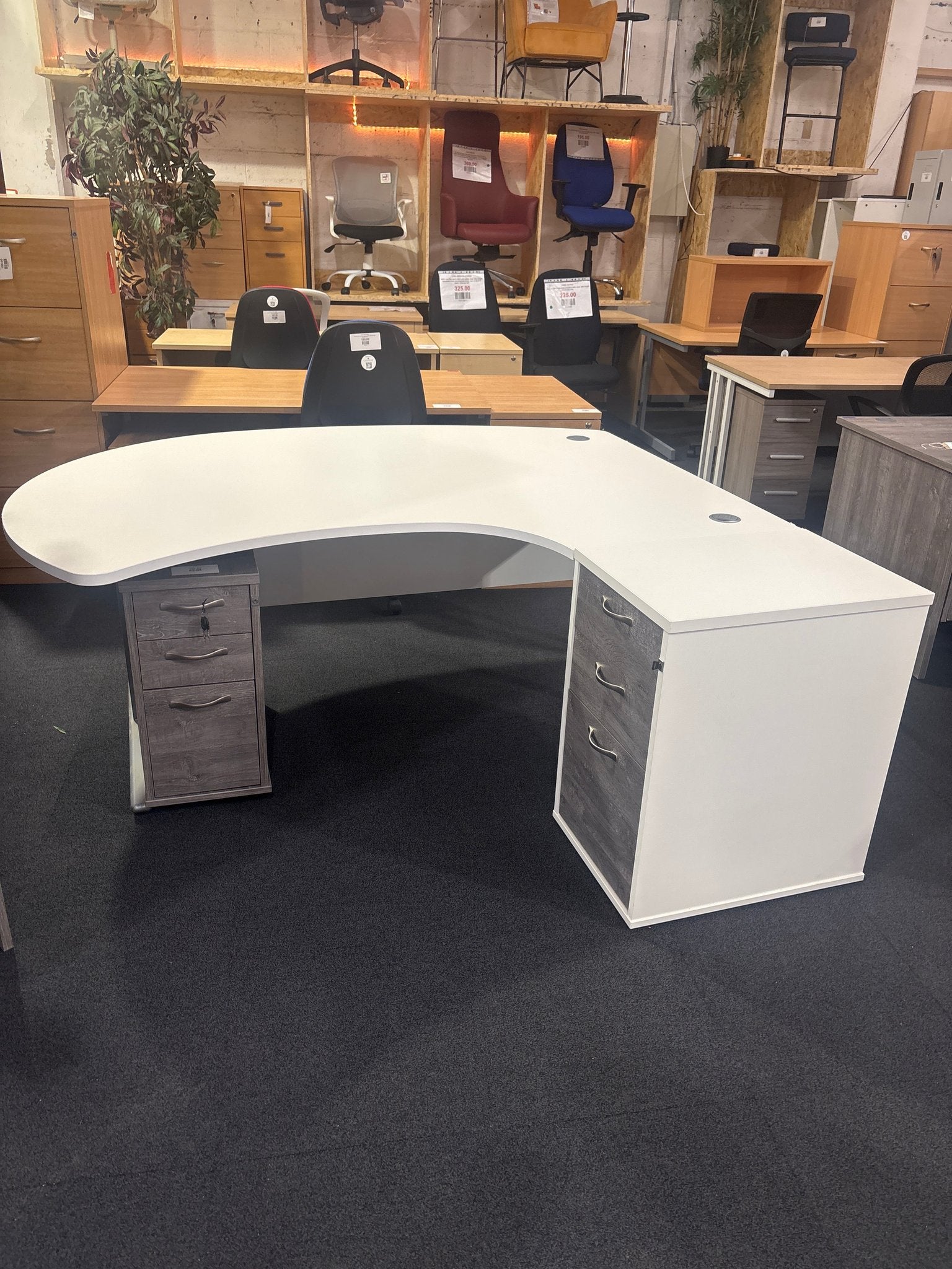Executive bow fronted radial desk, right hand including matching desk high pedestal set (1800mm x 1700mm)